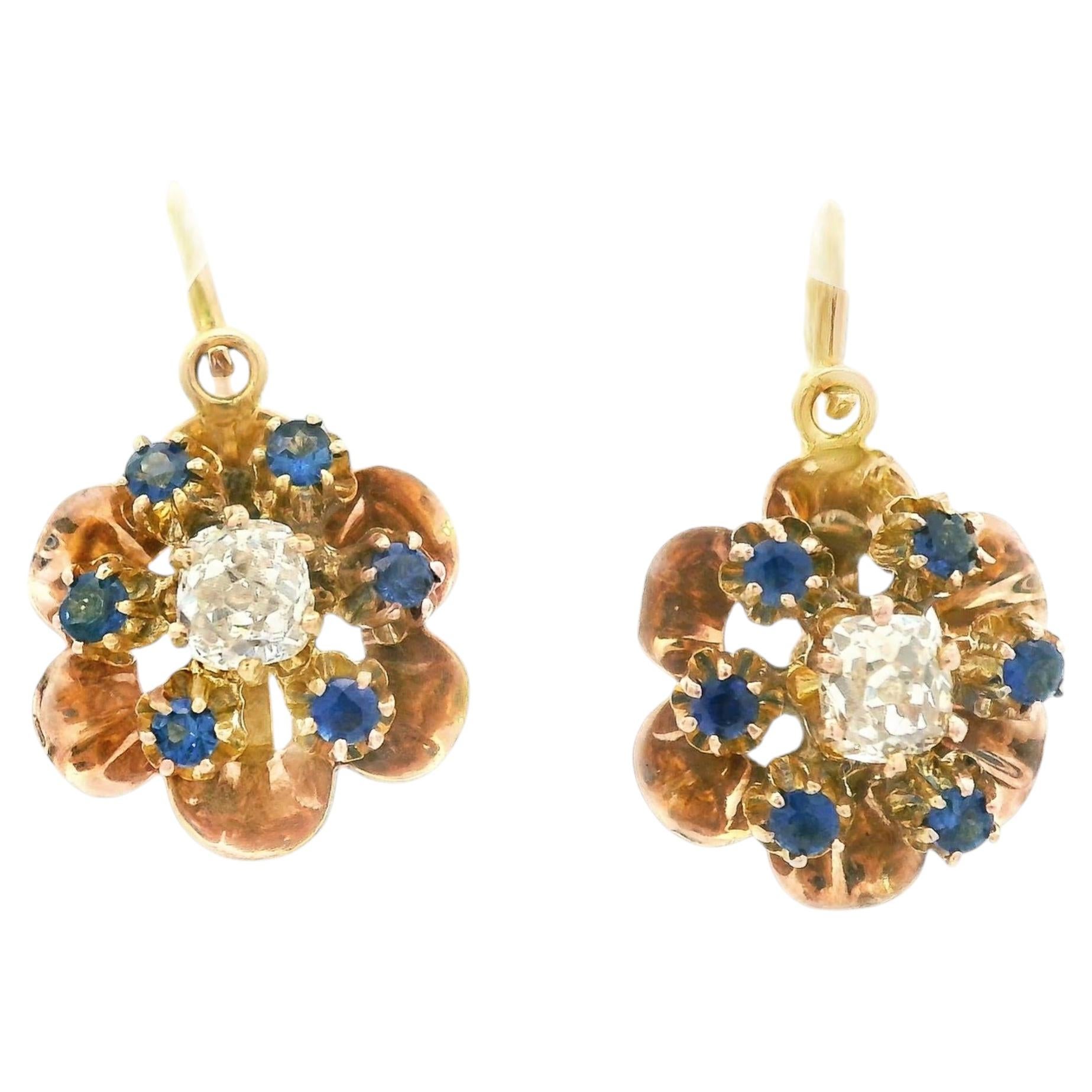 Orecchini vittoriani del 1890 in oro rosa 14k con diamanti e zaffiri in vendita