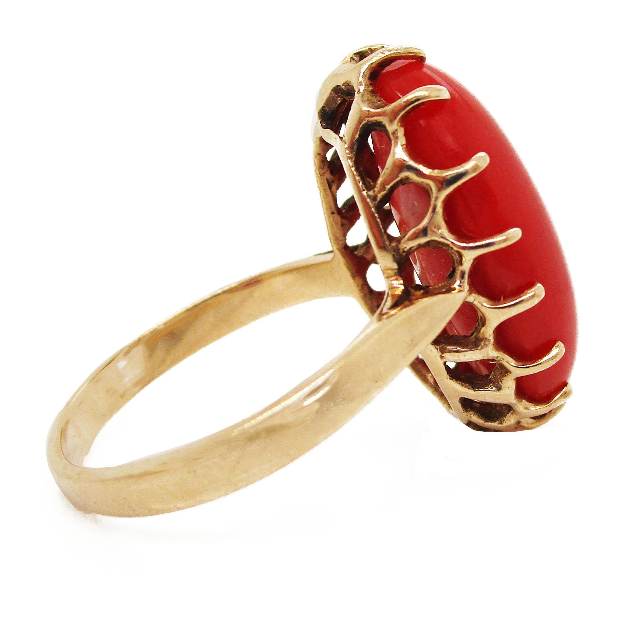 Women's or Men's 1890 Victorian 14 Karat Rose Gold Natural Red Coral Cabochon Ring