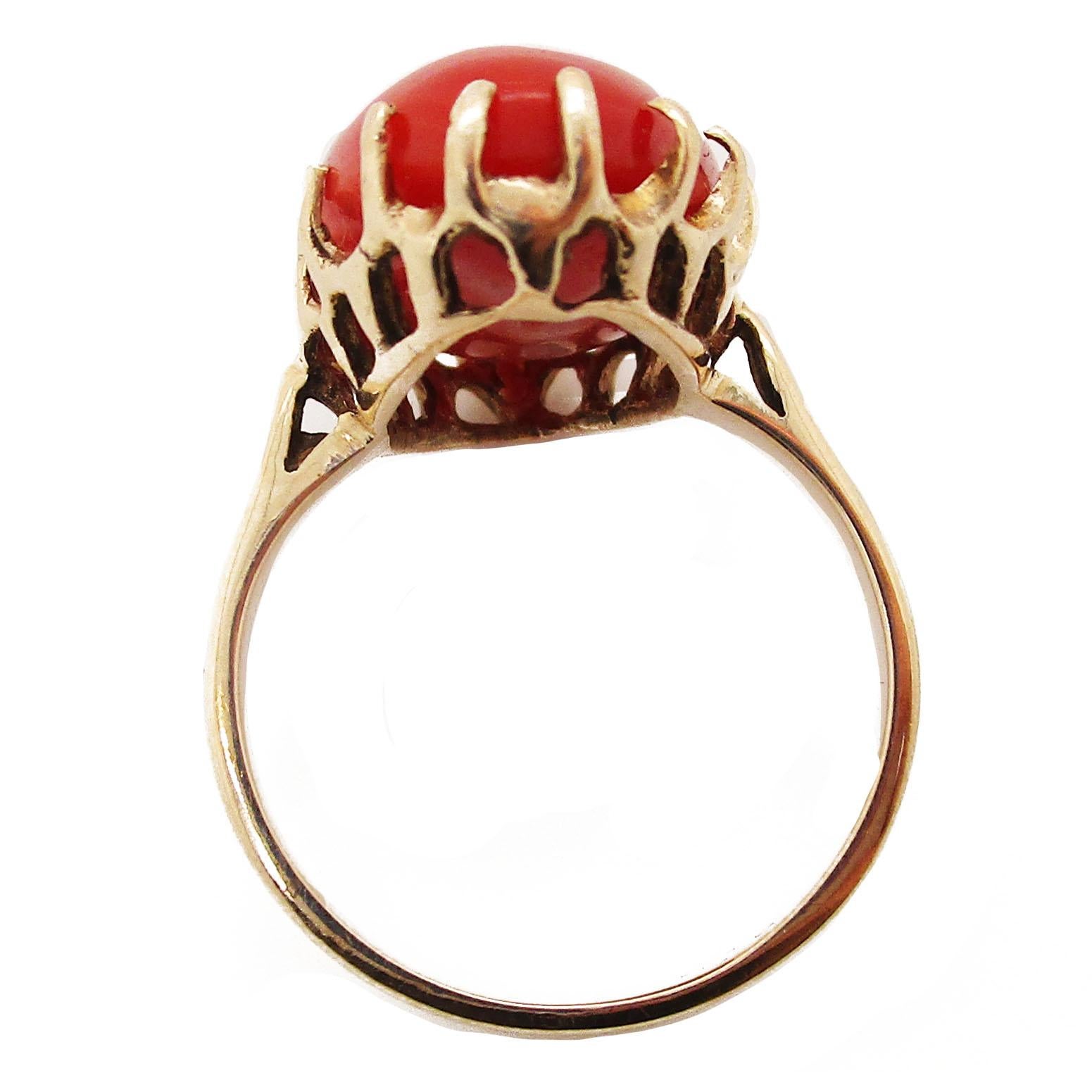 1890 Victorian 14 Karat Rose Gold Natural Red Coral Cabochon Ring 4