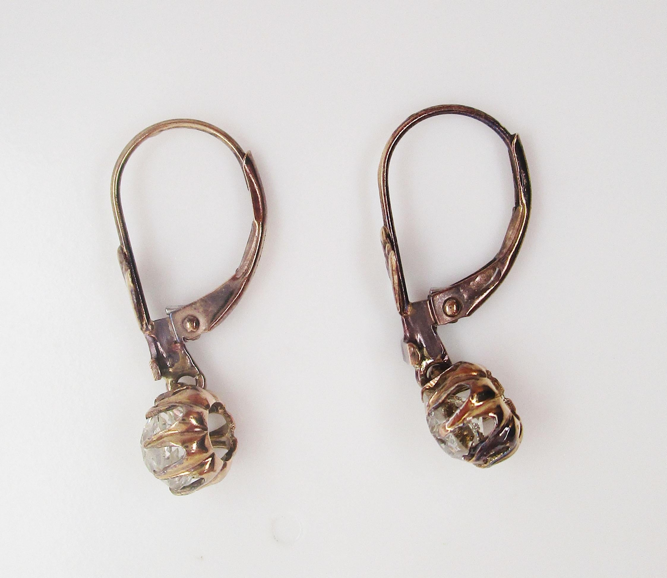 1890 Victorian 14K Rose Gold Old Mine Cut Diamond Dangle Earrings For Sale 2