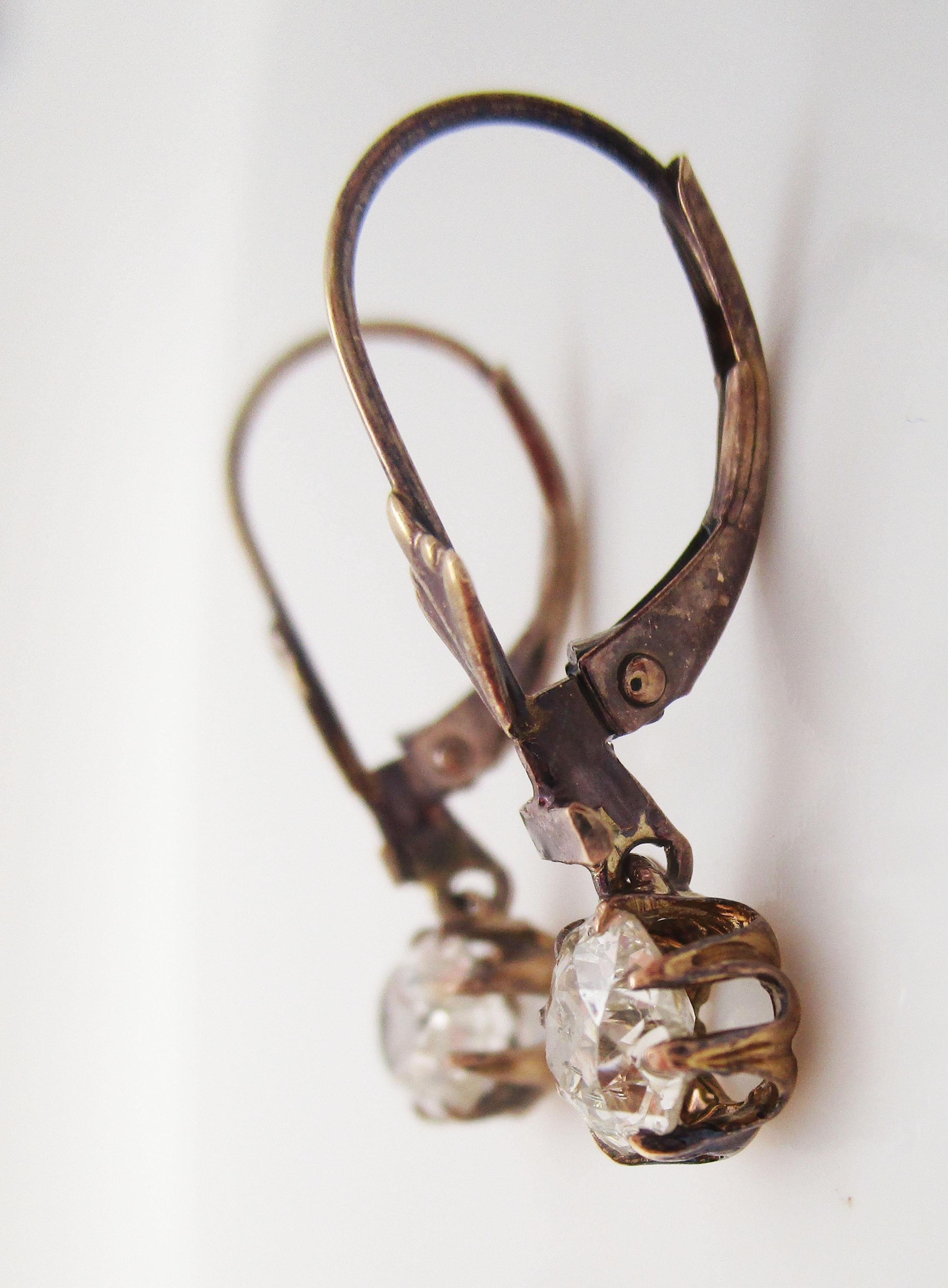 1890 Victorian 14K Rose Gold Old Mine Cut Diamond Dangle Earrings For Sale 3