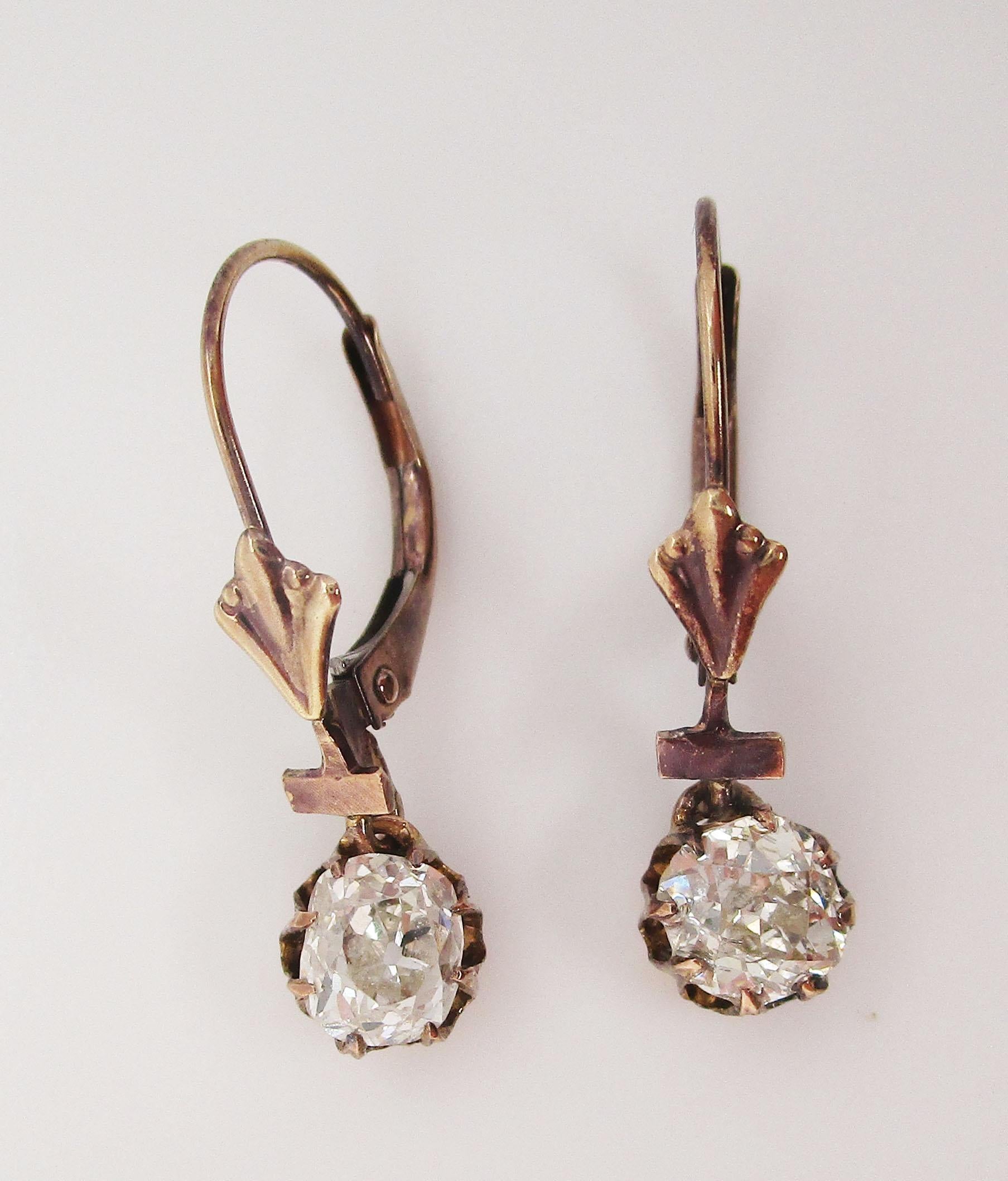 1890 Victorian 14K Rose Gold Old Mine Cut Diamond Dangle Earrings For Sale 5
