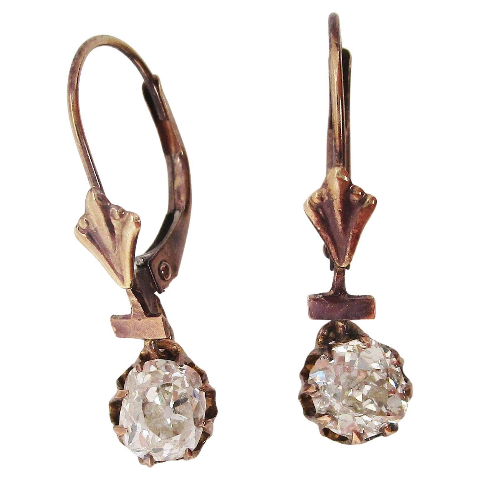 1890 Victorian 14K Rose Gold Old Mine Cut Diamond Dangle Earrings For Sale