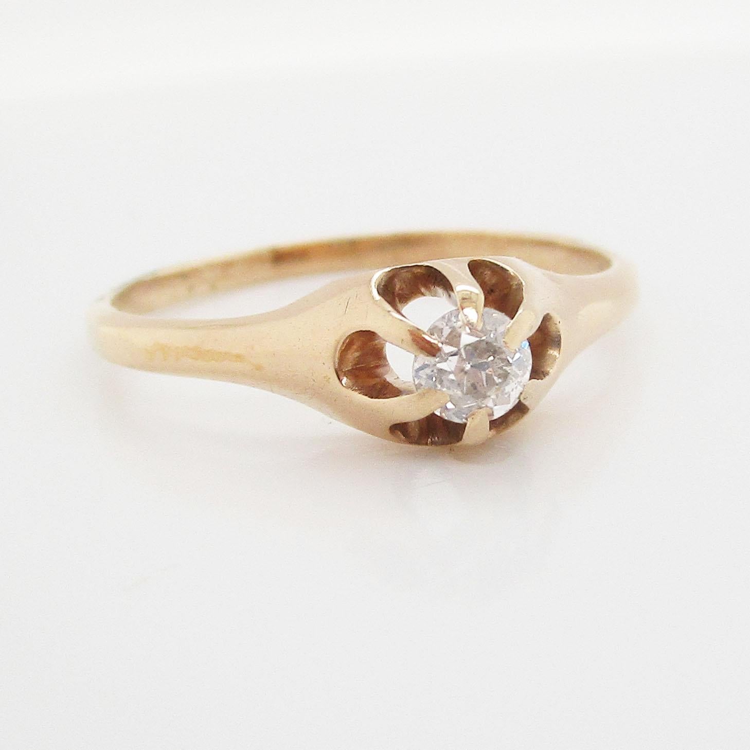 This is an absolutely darling Victorian ring set in 14K rose gold, featuring a lovely Old Mine Cut diamond. Secured in a gorgeous 6-prong setting, this beautiful diamond is 0.15ct and is I/J in color and I1 in clarity. This is a timeless ring that