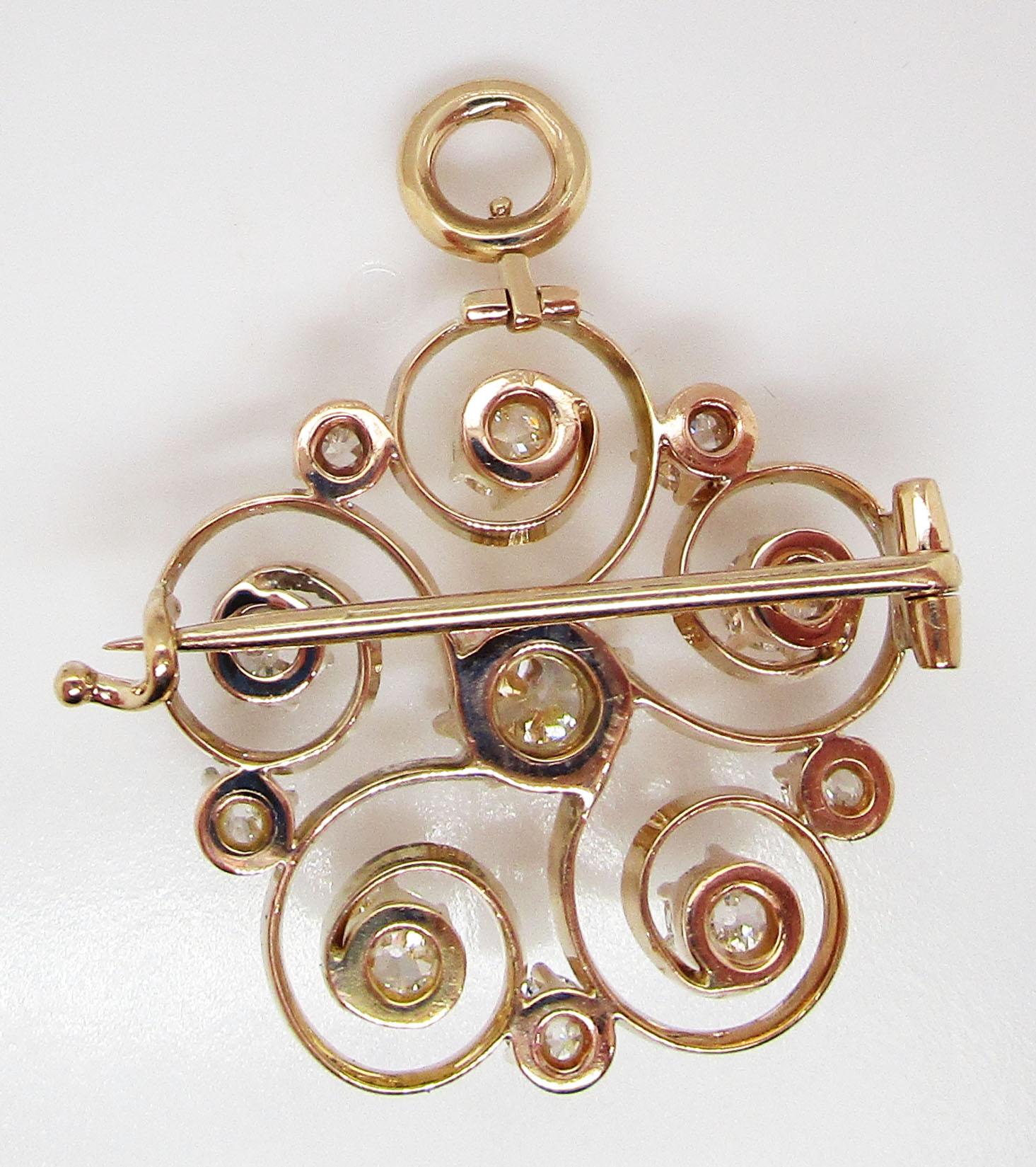 1890 Victorian 14 Karat Yellow Gold and Diamond Swirl Circle Pin Pendant 2