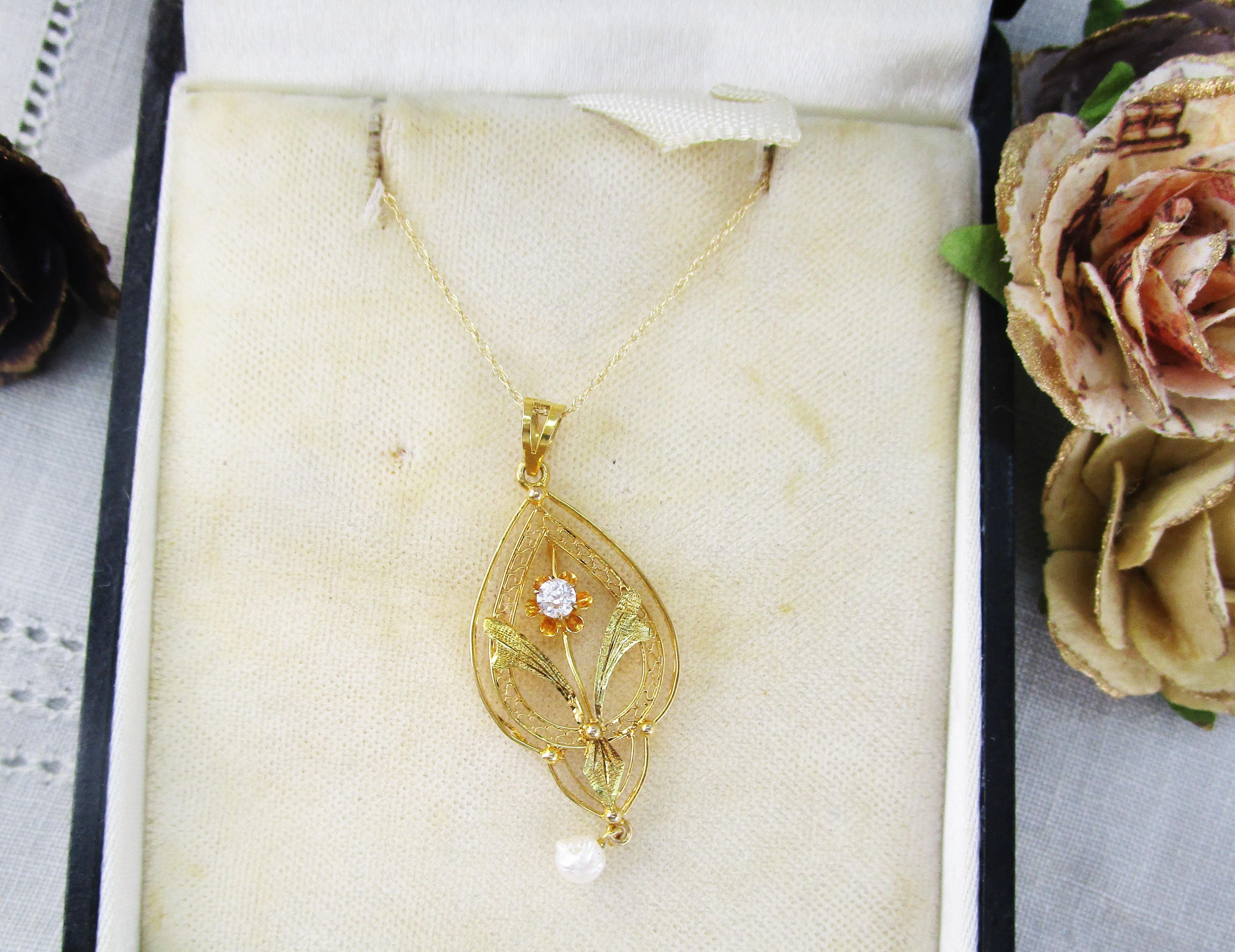 1890 Victorian 14 Karat Yellow Gold Diamond Natural Pearl Flower Drop Pendant In Excellent Condition In Lexington, KY