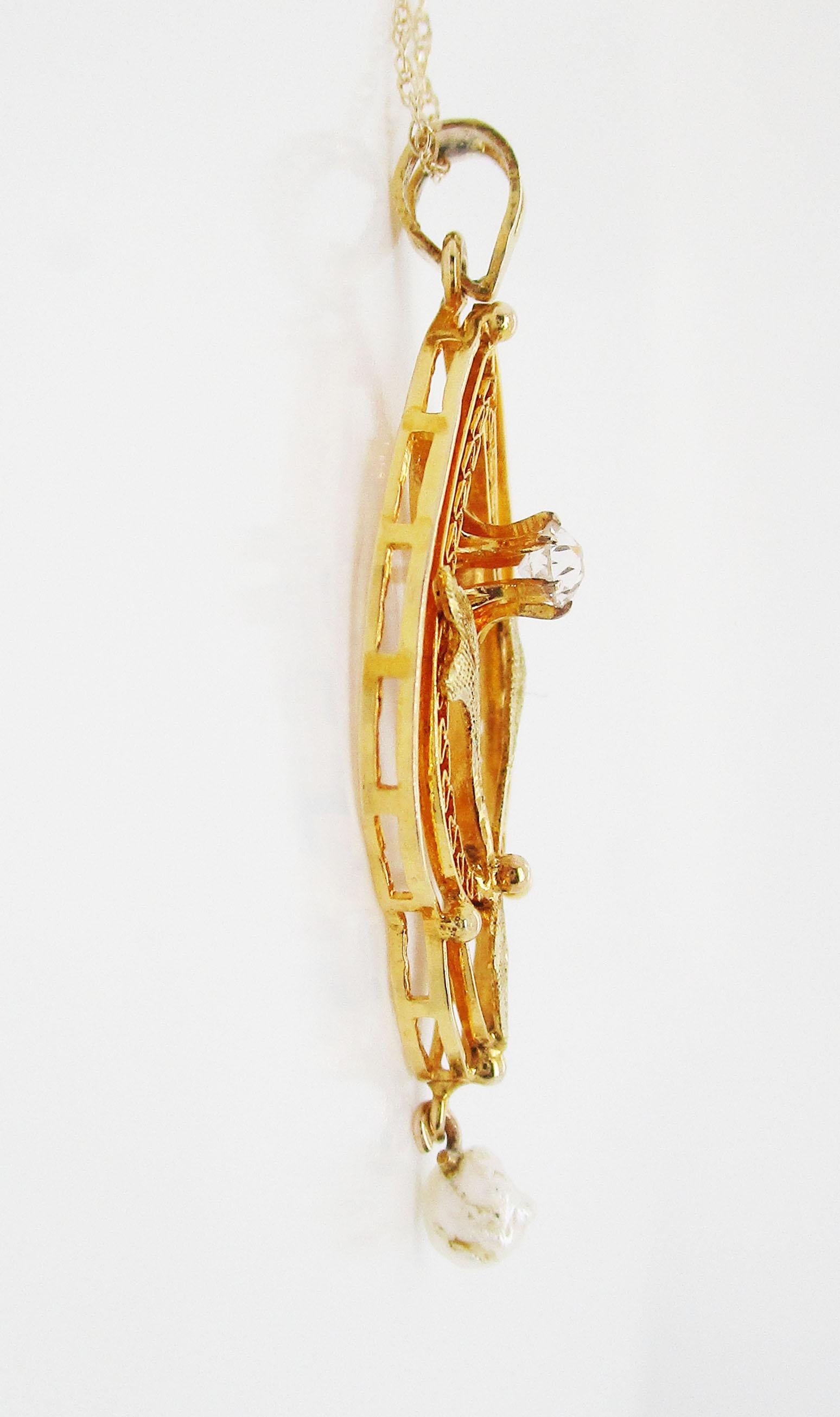 Women's or Men's 1890 Victorian 14 Karat Yellow Gold Diamond Natural Pearl Flower Drop Pendant