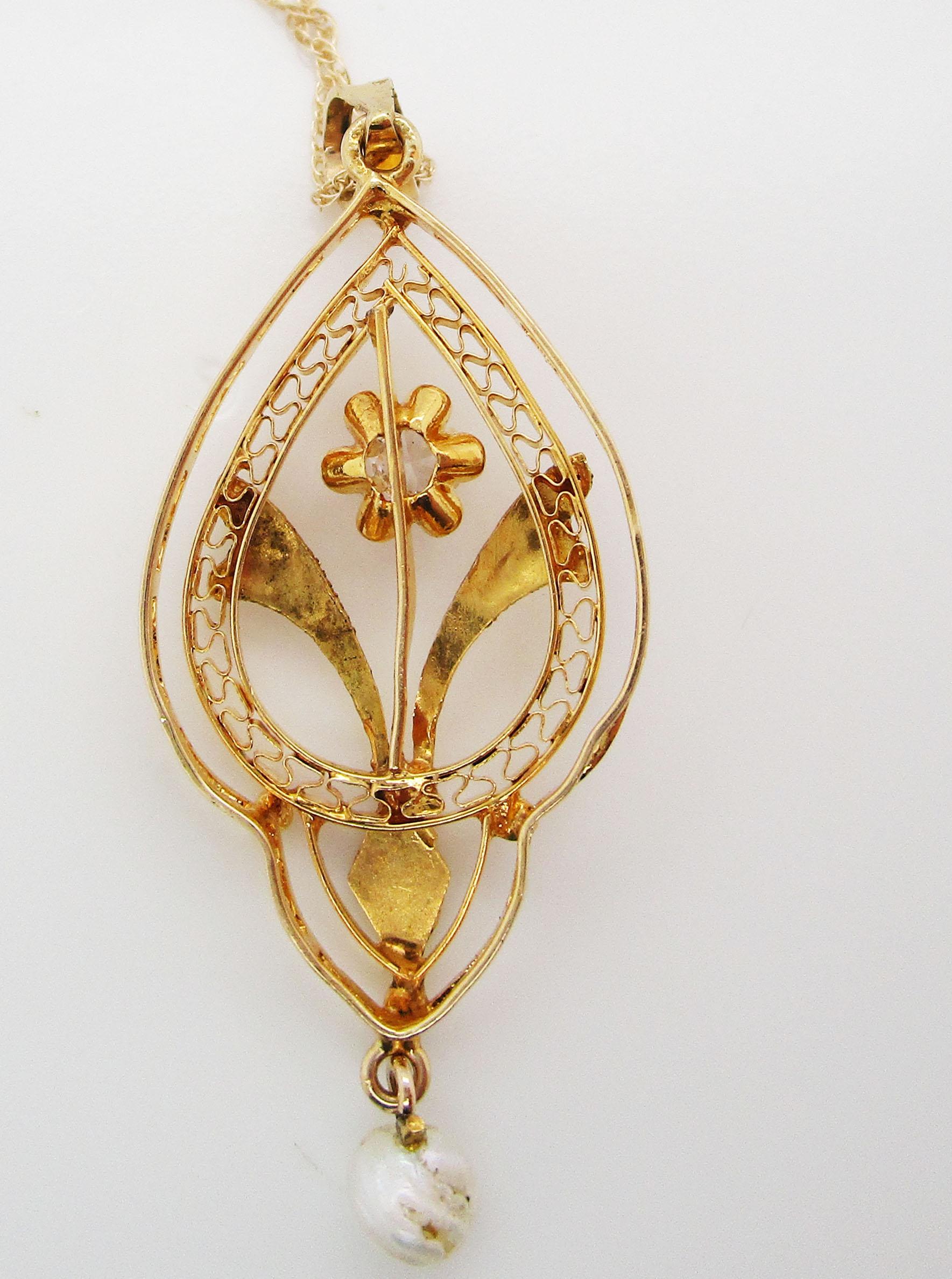 1890 Victorian 14 Karat Yellow Gold Diamond Natural Pearl Flower Drop Pendant 2