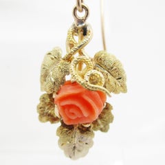 1890 Victorian 14 Karat Yellow Gold Engraved Leaf Coral Rose Dangle Earrings