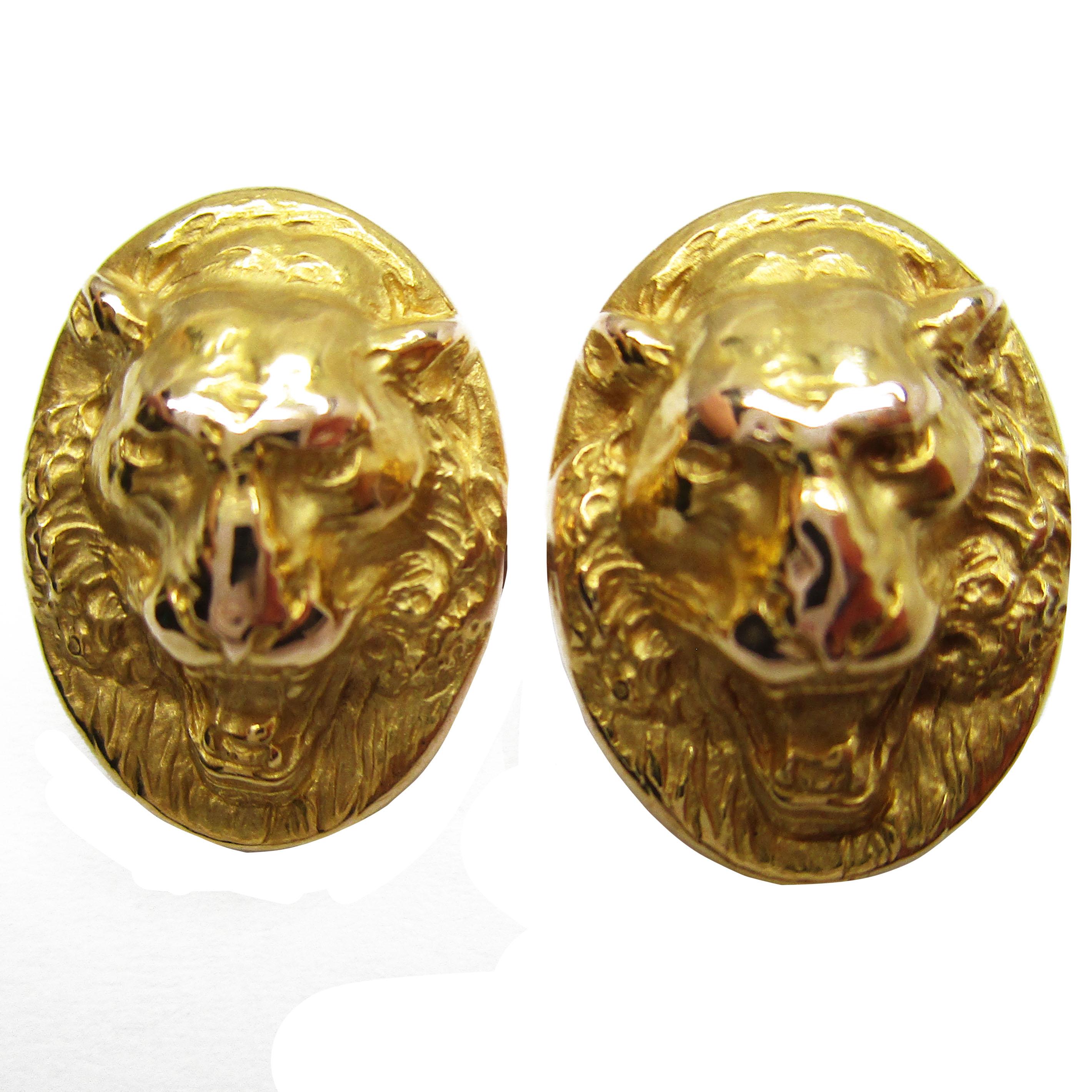 These are original 14-karat yellow gold cufflinks. They have a simply incredible lifelike roaring lion design, matched perfectly with a ferocious lioness. They will provide any gentleman with the stylish elegance that proclaims boldly that he is the