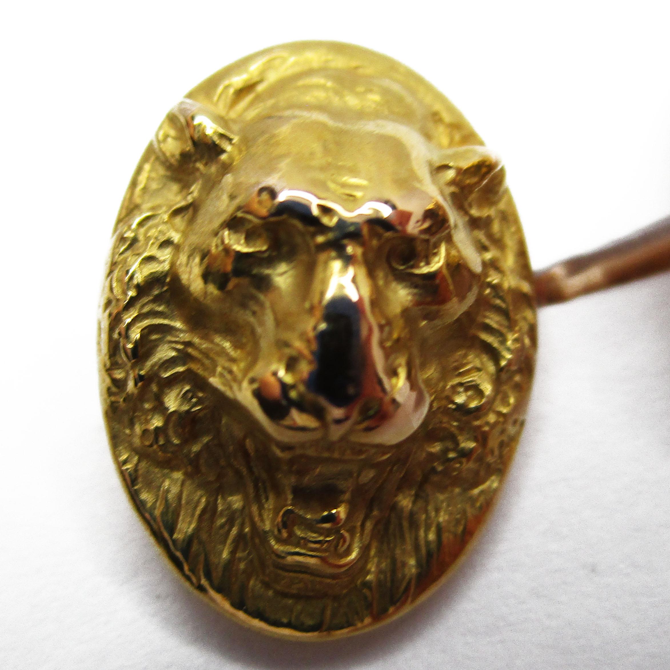 Boutons de manchette Victorien 1890 Krementz en or jaune 14K avec visage de lion Pour hommes en vente