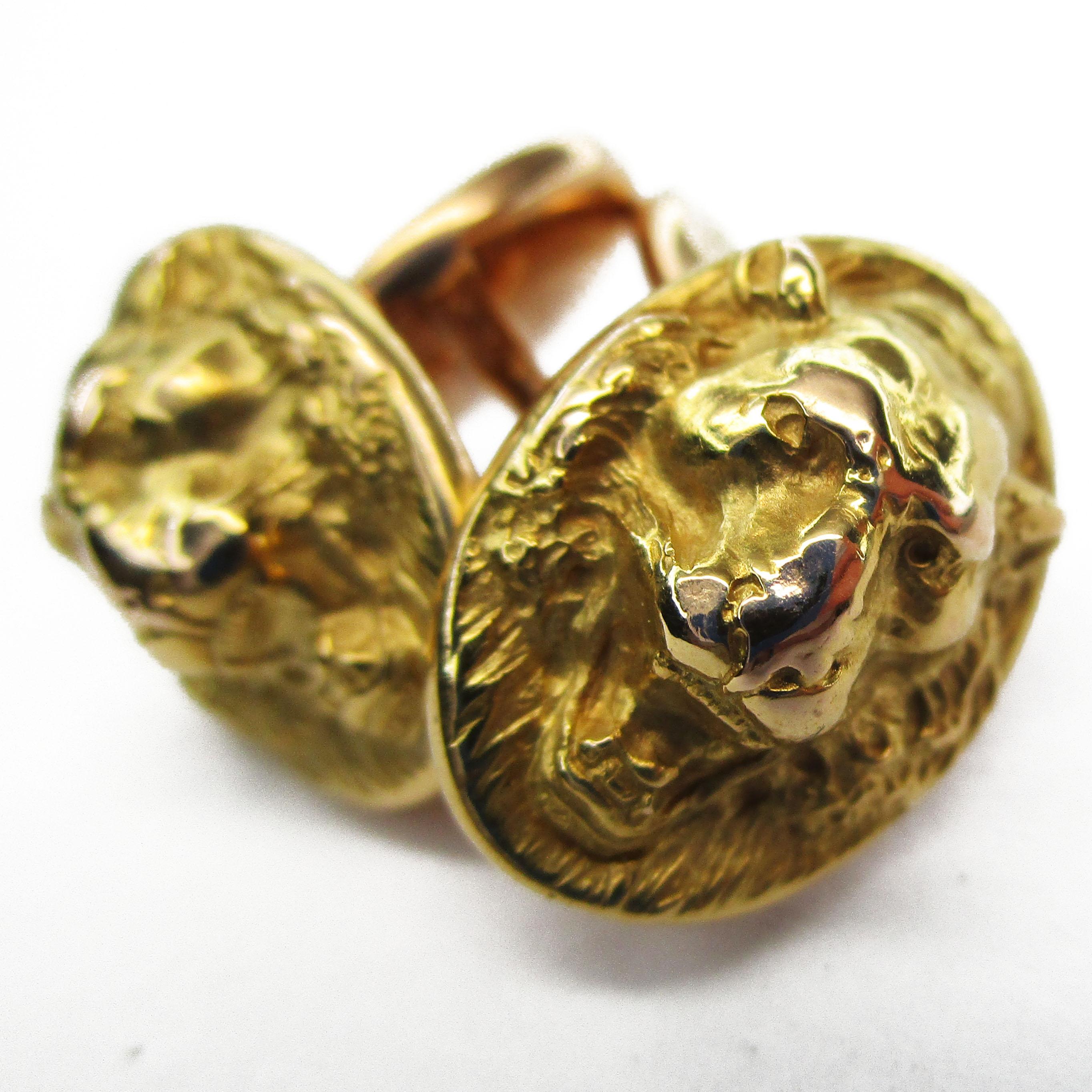 1890 Victorian 14K Yellow Gold Lion Face Krementz Cufflinks In Excellent Condition For Sale In Lexington, KY