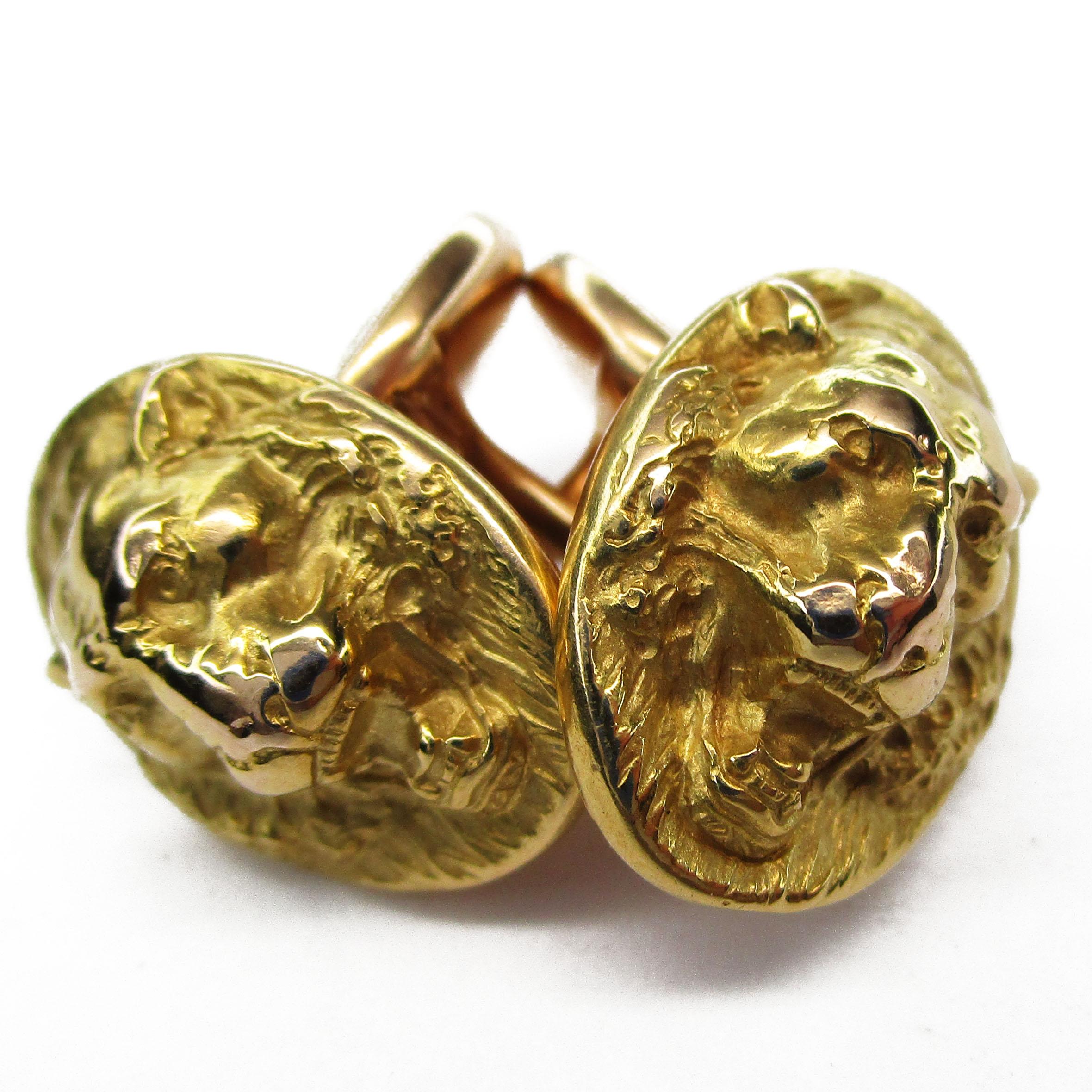 Boutons de manchette Victorien 1890 Krementz en or jaune 14K avec visage de lion Excellent état - En vente à Lexington, KY