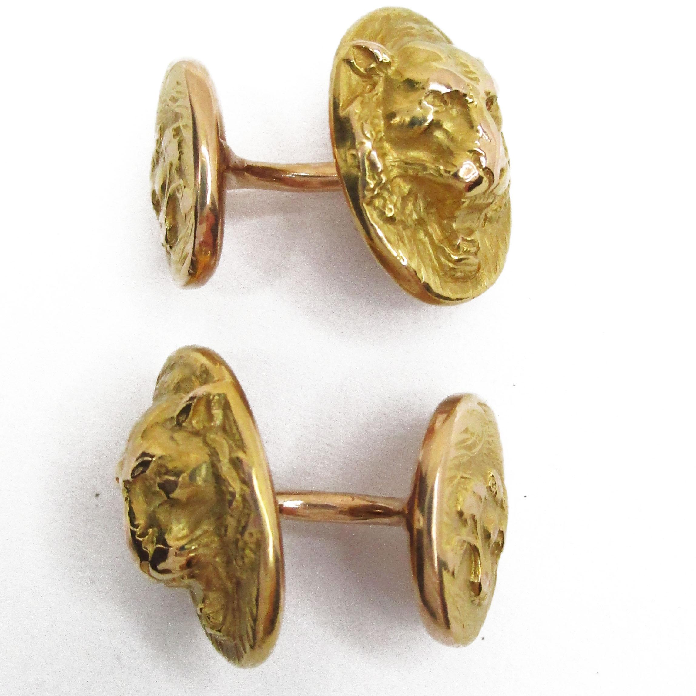 Men's 1890 Victorian 14K Yellow Gold Lion Face Krementz Cufflinks For Sale