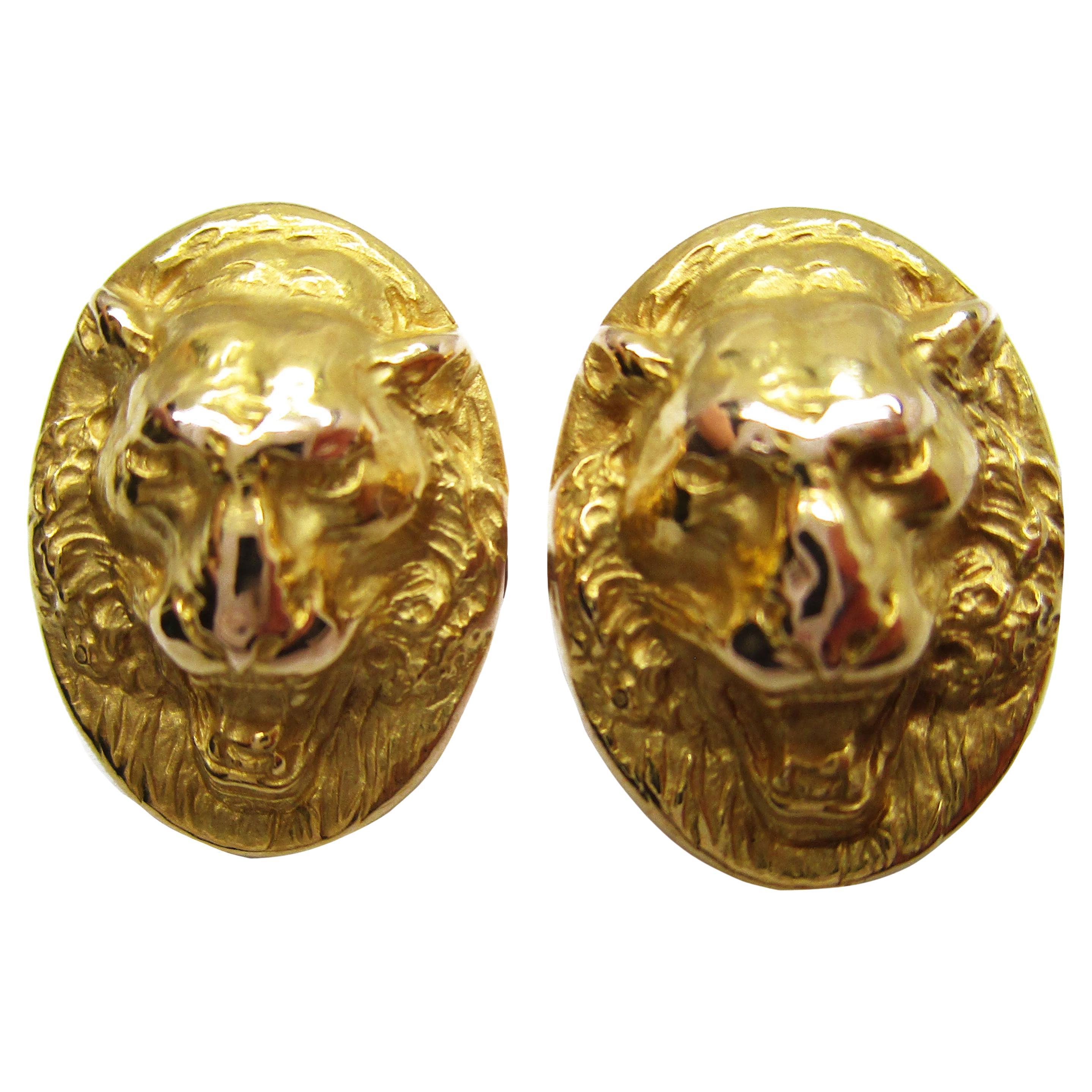 1890 Victorian 14K Yellow Gold Lion Face Krementz Cufflinks