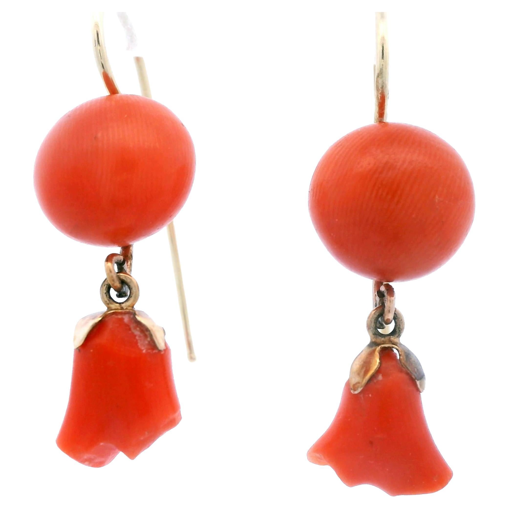 1890 Victorian 14k Yellow Gold Natural Coral Floral Earrings