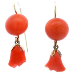 1890 Victorian 14k Yellow Gold Natural Coral Floral Earrings