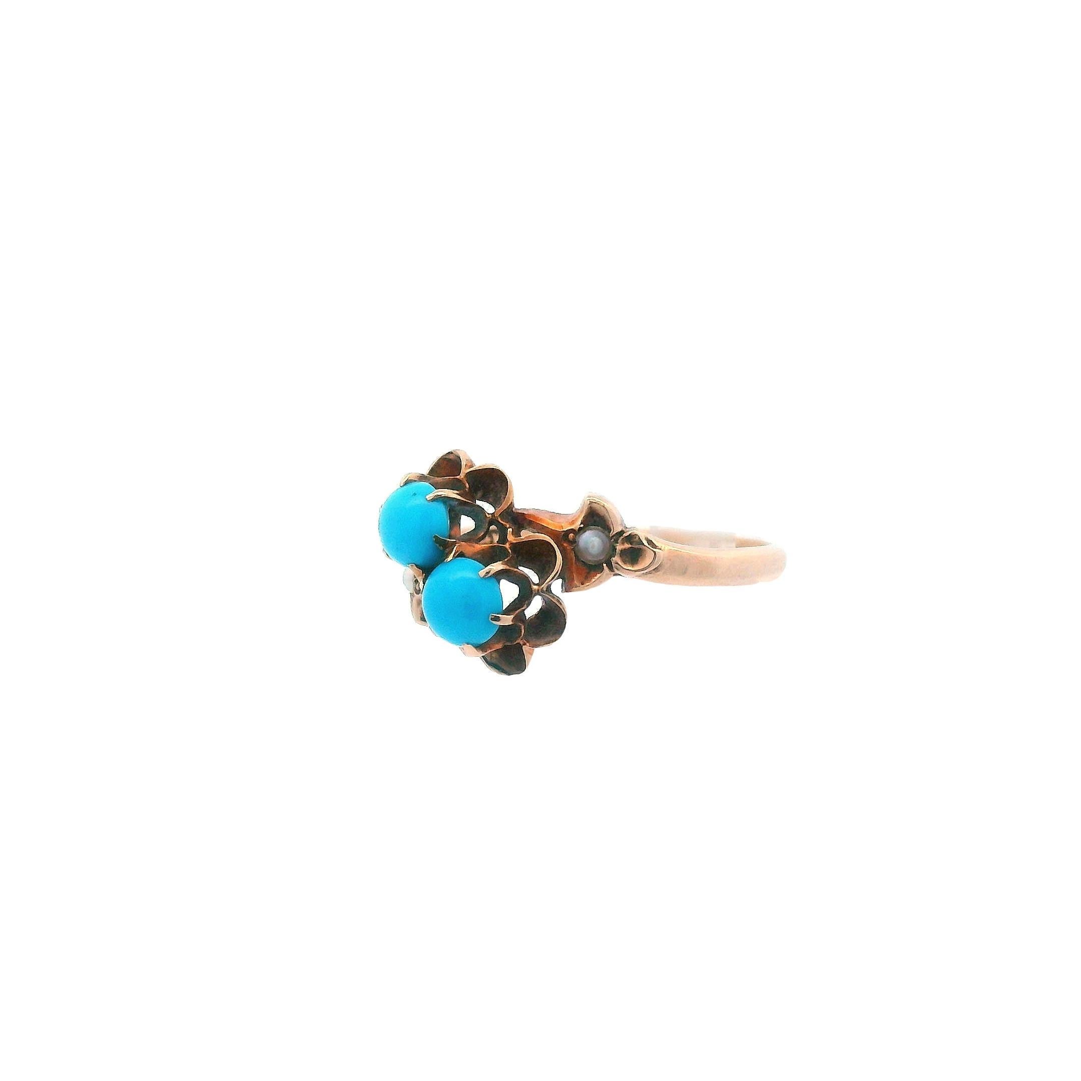 Cabochon 1890 Victorian 14k Yellow Gold Persian Turquoise and Seed Pearl Bypass Ring For Sale