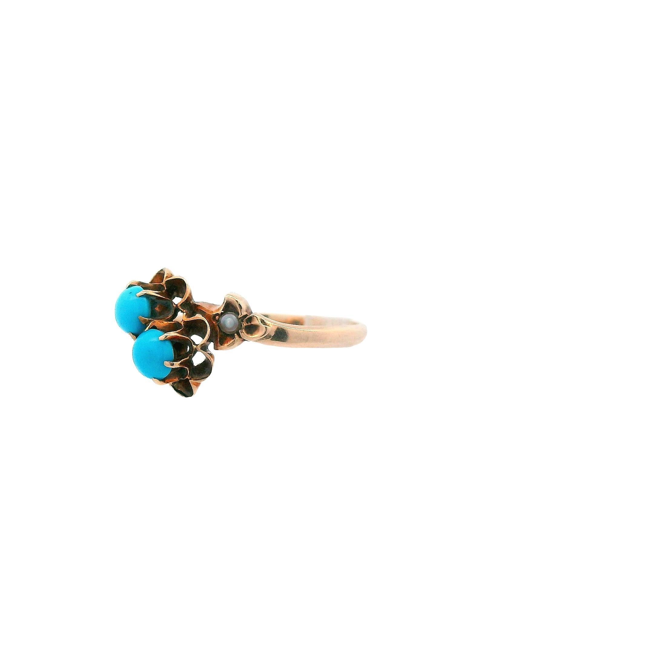 1890 Victorian 14k Yellow Gold Persian Turquoise and Seed Pearl Bypass Ring In Good Condition For Sale In Lexington, KY
