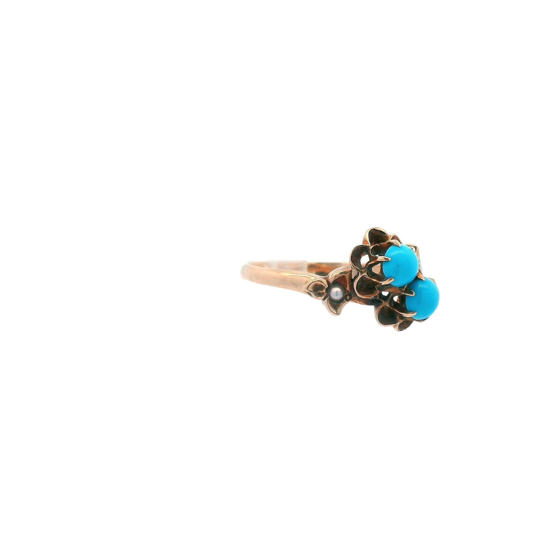 1890 Victorian 14k Yellow Gold Persian Turquoise and Seed Pearl Bypass Ring For Sale 1