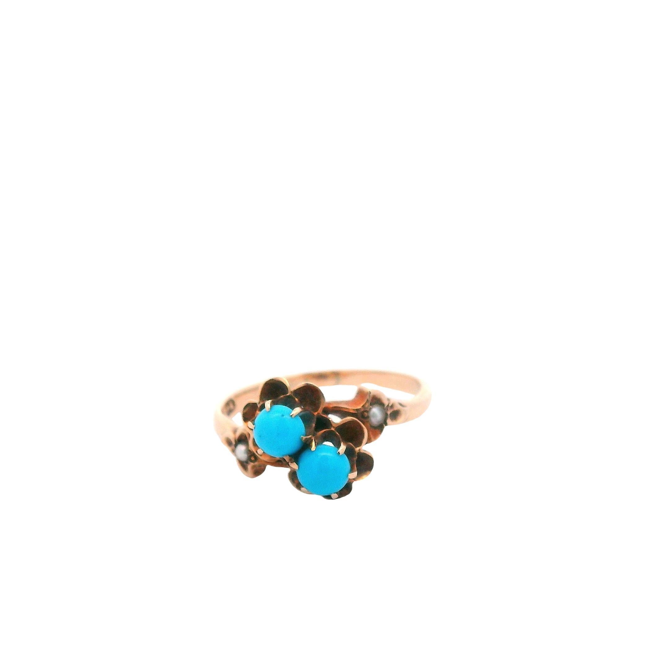 1890 Victorian 14k Yellow Gold Persian Turquoise and Seed Pearl Bypass Ring For Sale 2
