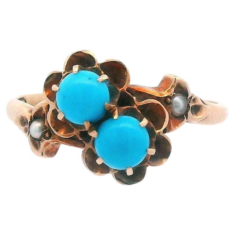 1890 Victorian 14k Yellow Gold Persian Turquoise and Seed Pearl Bypass Ring For Sale