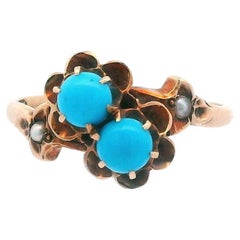 Antique 1890 Victorian 14k Yellow Gold Persian Turquoise and Seed Pearl Bypass Ring