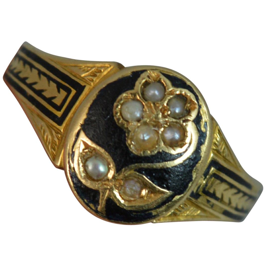 1890 Victorian 18 Carat Gold Enamel and Seed Pearl Mourning Locket Ring