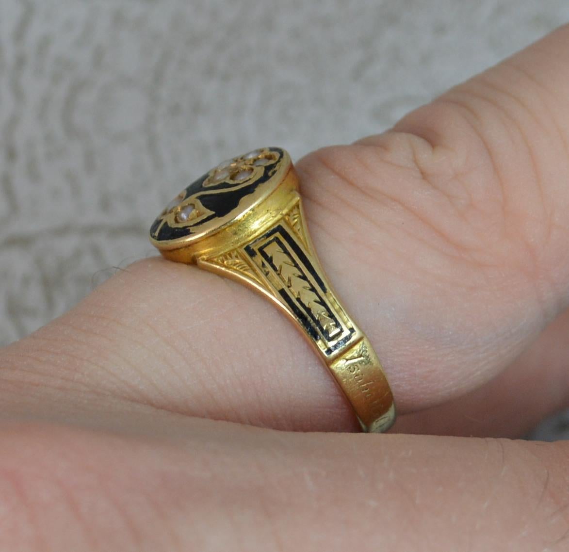 1890 Victorian 18 Carat Gold Enamel and Seed Pearl Mourning Locket Ring In Fair Condition In St Helens, GB