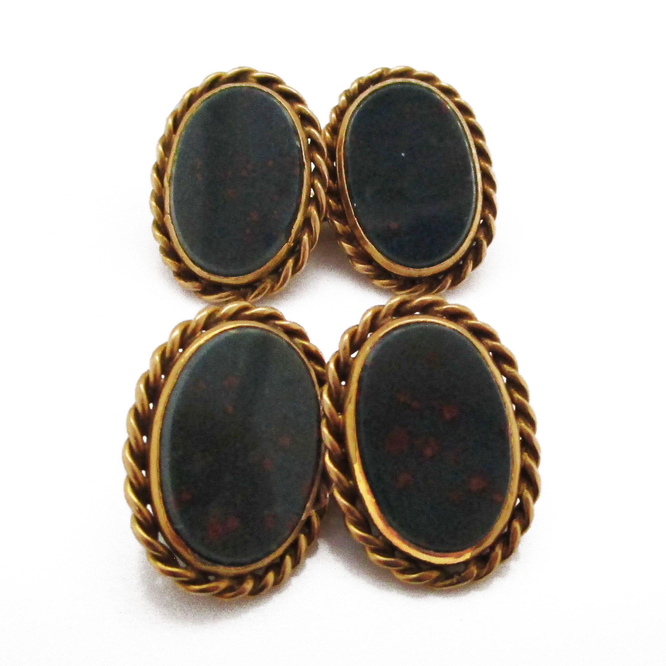 These awesome cufflinks feature rich 18k yellow gold and the subtle depths of green hued bloodstone in a tour de force Victorian fashion. The links have a classic oval shape that makes them sleek, easy to wear, and easy to put on. The panels are