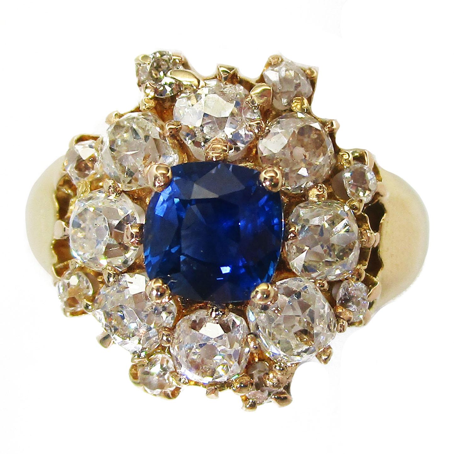 Old Mine Cut 1890 Victorian 18K Yellow Gold Sapphire and Diamond Ring