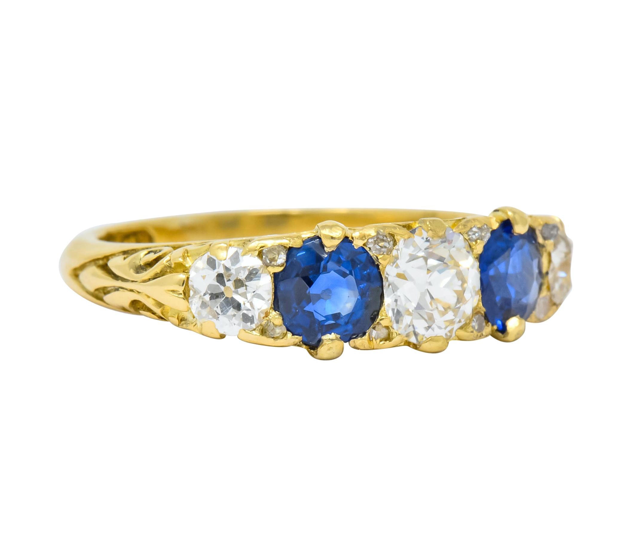 Old Mine Cut 1890 Victorian 2.45 Carat Diamond Sapphire 18 Karat Gold Scrolled Band Ring