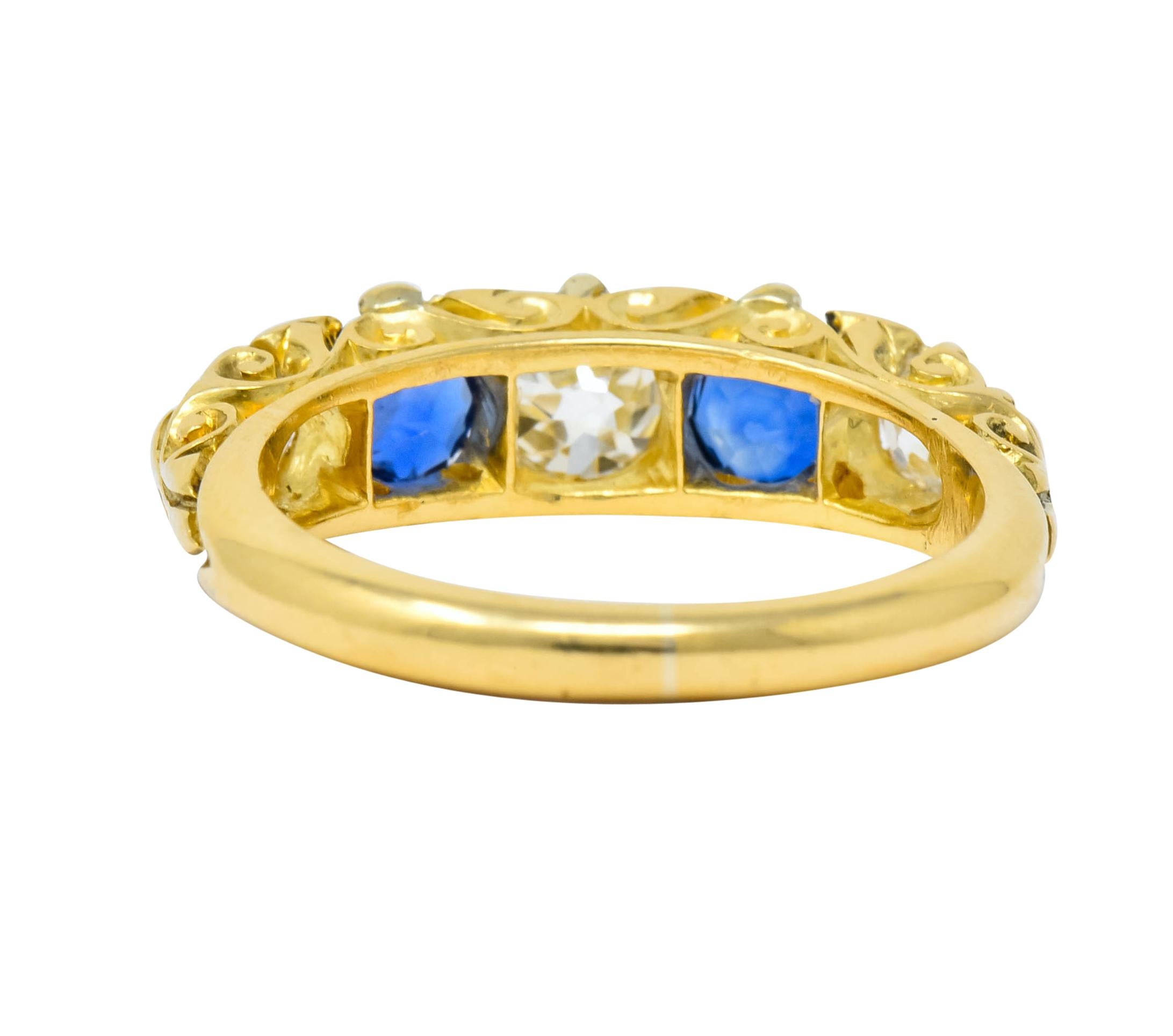 Women's or Men's 1890 Victorian 2.45 Carat Diamond Sapphire 18 Karat Gold Scrolled Band Ring