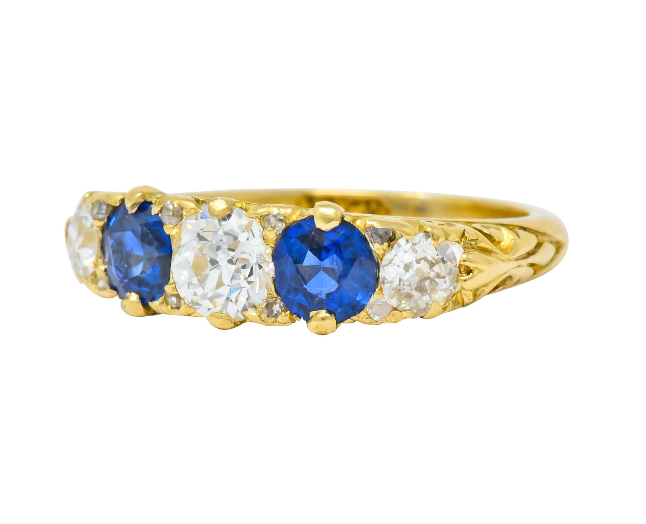 1890 Victorian 2.45 Carat Diamond Sapphire 18 Karat Gold Scrolled Band Ring 2