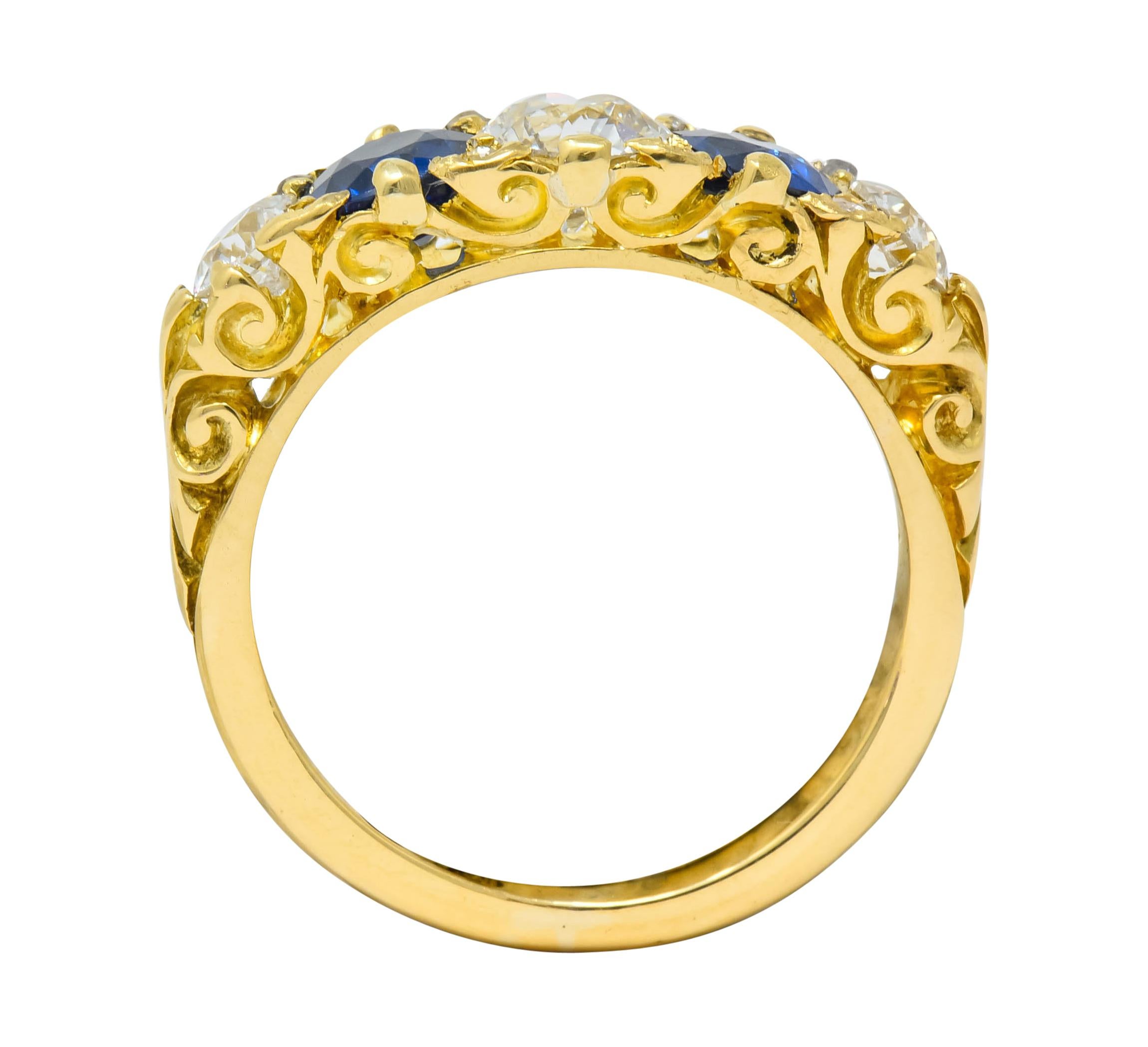 1890 Victorian 2.45 Carat Diamond Sapphire 18 Karat Gold Scrolled Band Ring 3