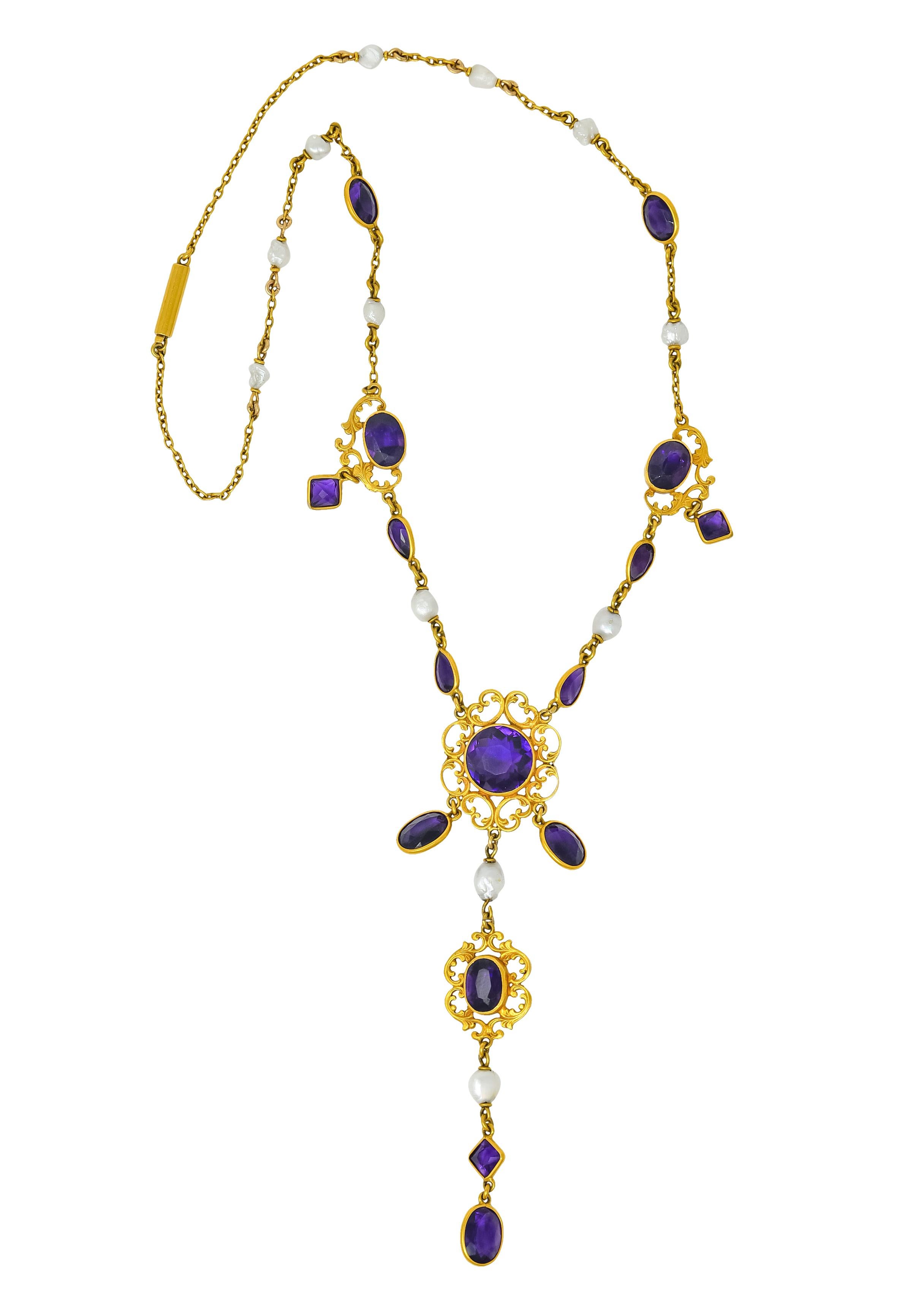 1890 Victorian Amethyst Pearl 14 Karat Gold Drop Necklace 6