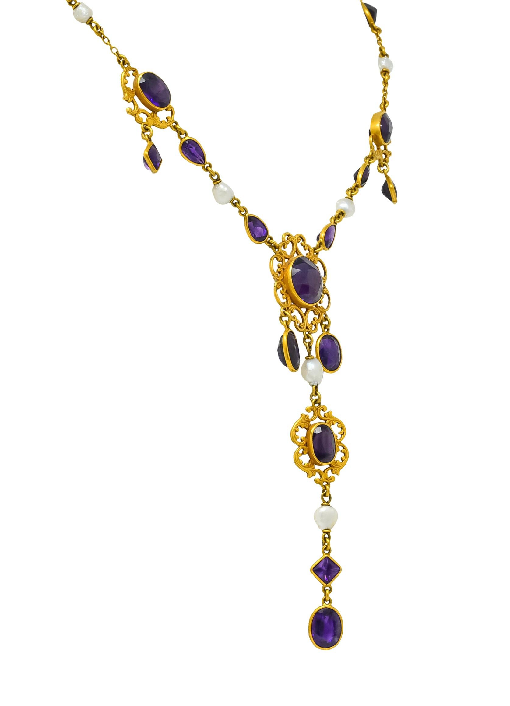 1890 Victorian Amethyst Pearl 14 Karat Gold Drop Necklace In Excellent Condition In Philadelphia, PA