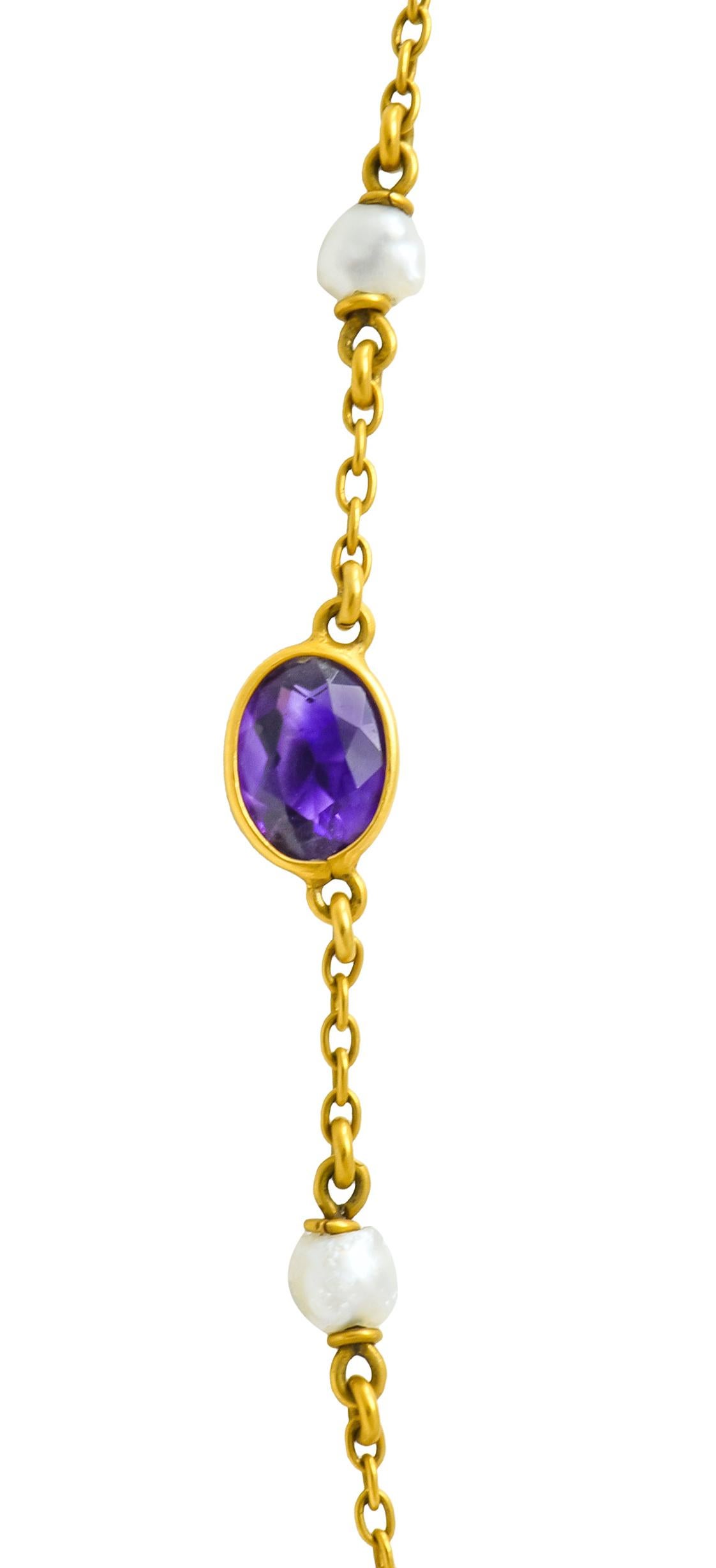 1890 Victorian Amethyst Pearl 14 Karat Gold Drop Necklace 2