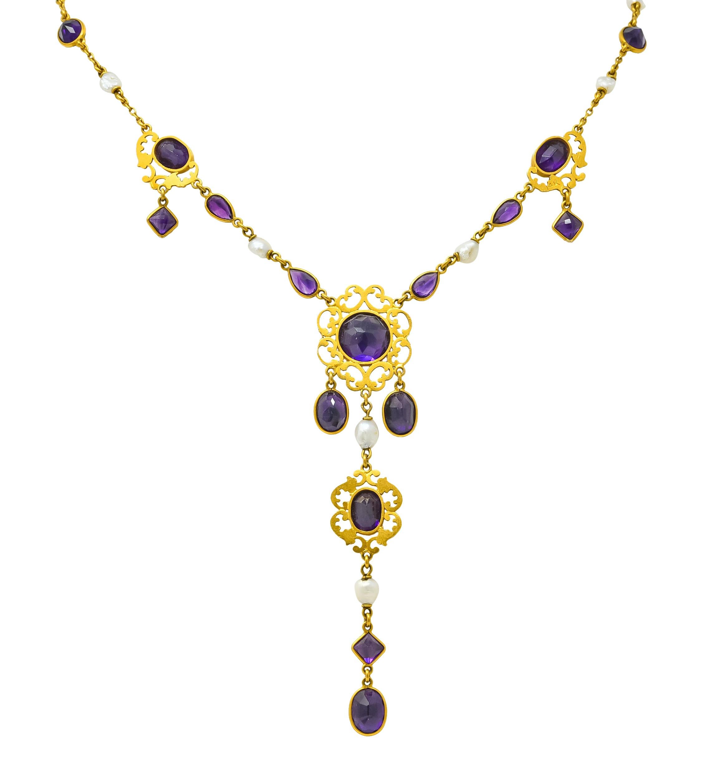 1890 Victorian Amethyst Pearl 14 Karat Gold Drop Necklace 3