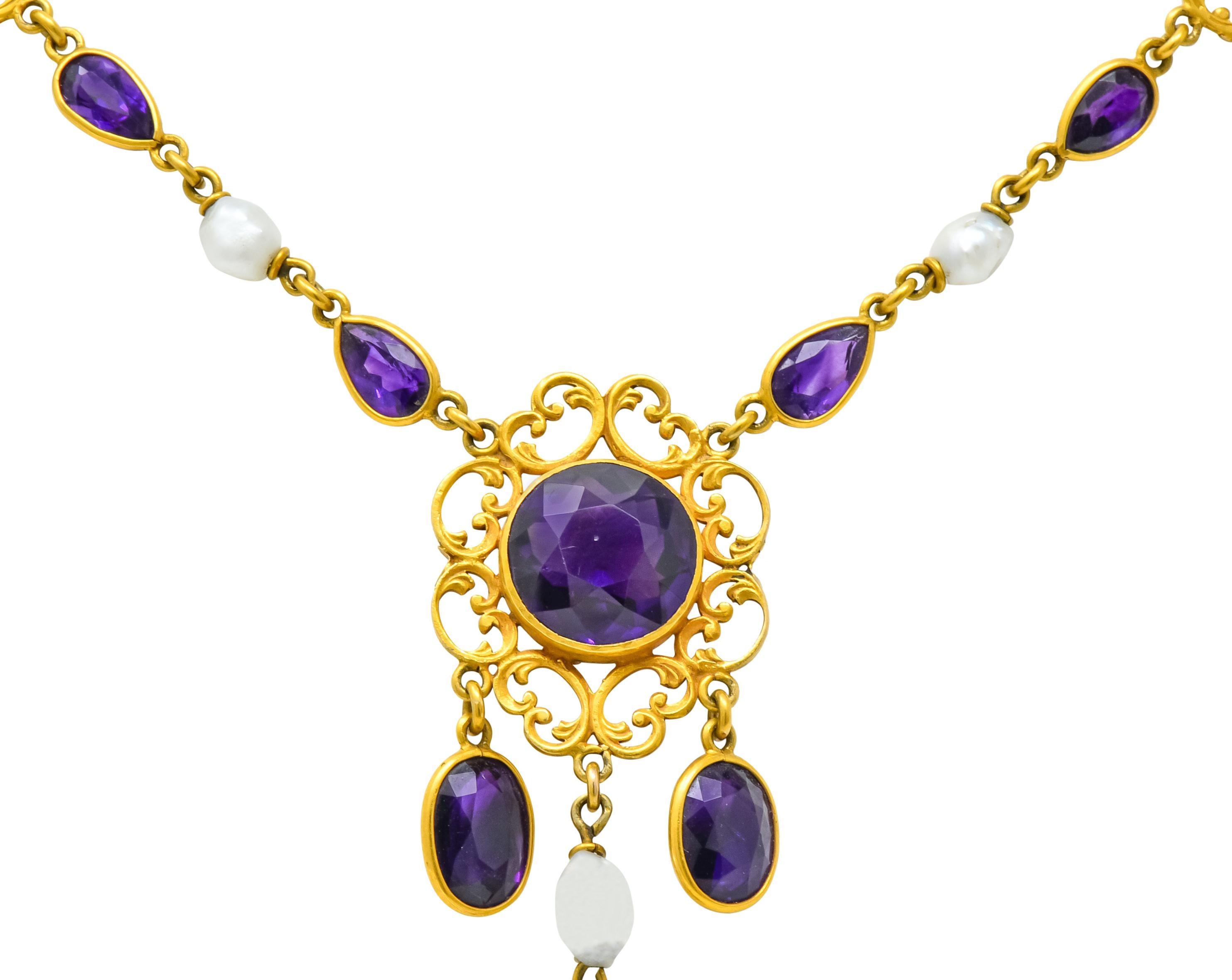 1890 Victorian Amethyst Pearl 14 Karat Gold Drop Necklace 4