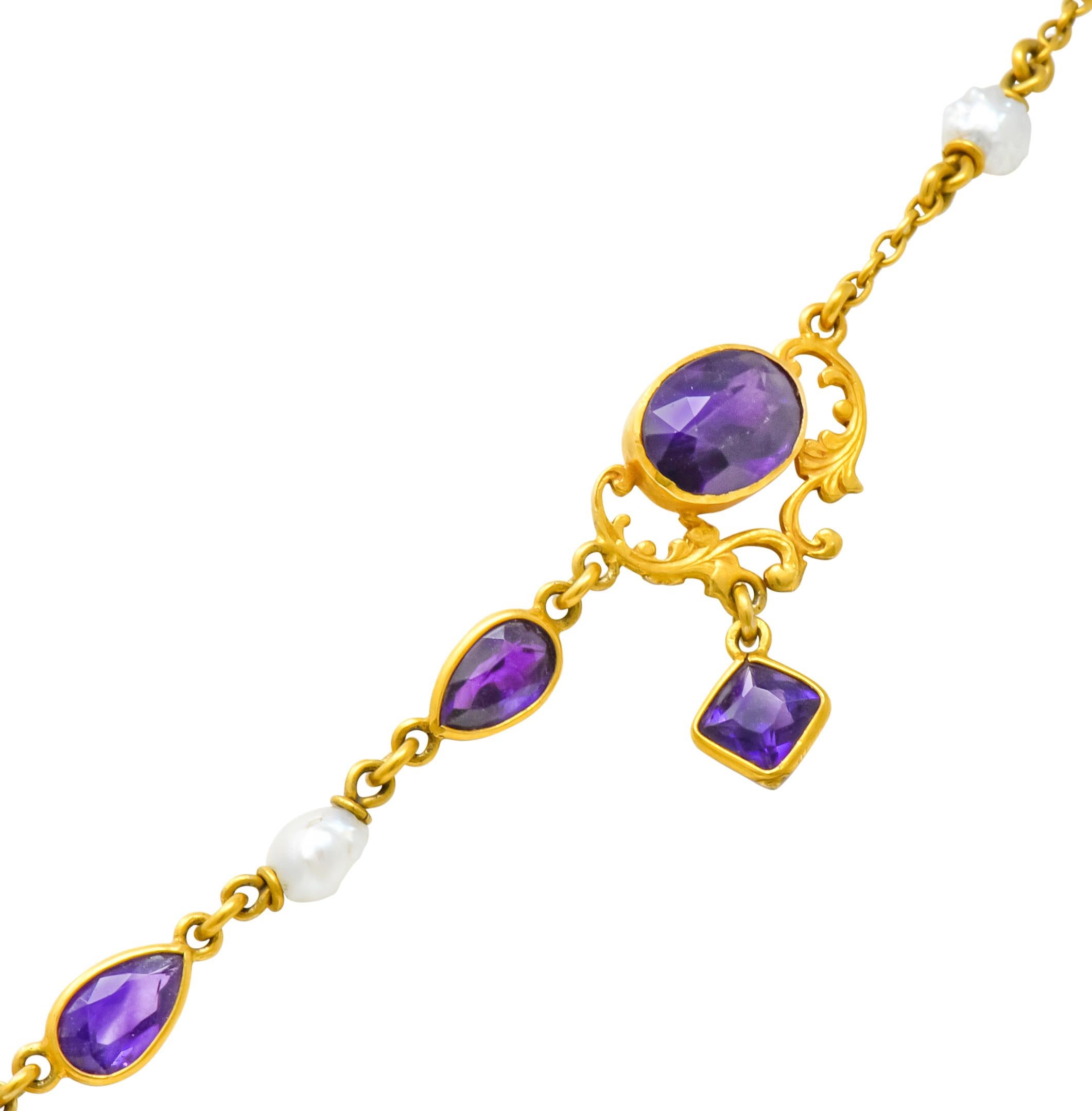 1890 Victorian Amethyst Pearl 14 Karat Gold Drop Necklace 5