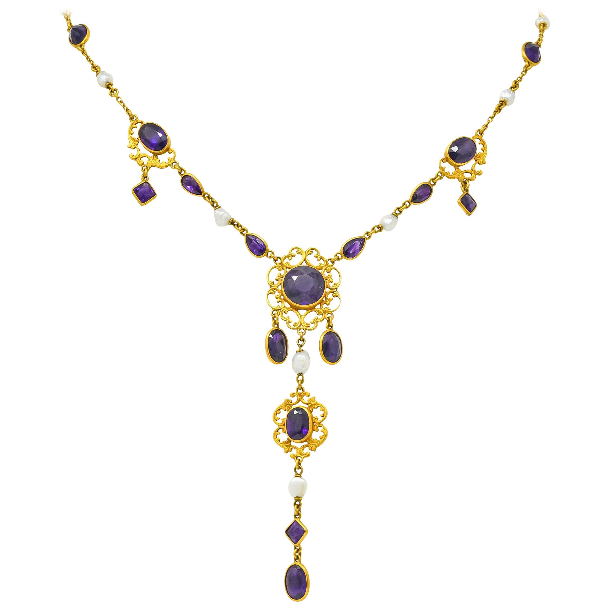 1890 Victorian Amethyst Pearl 14 Karat Gold Drop Necklace