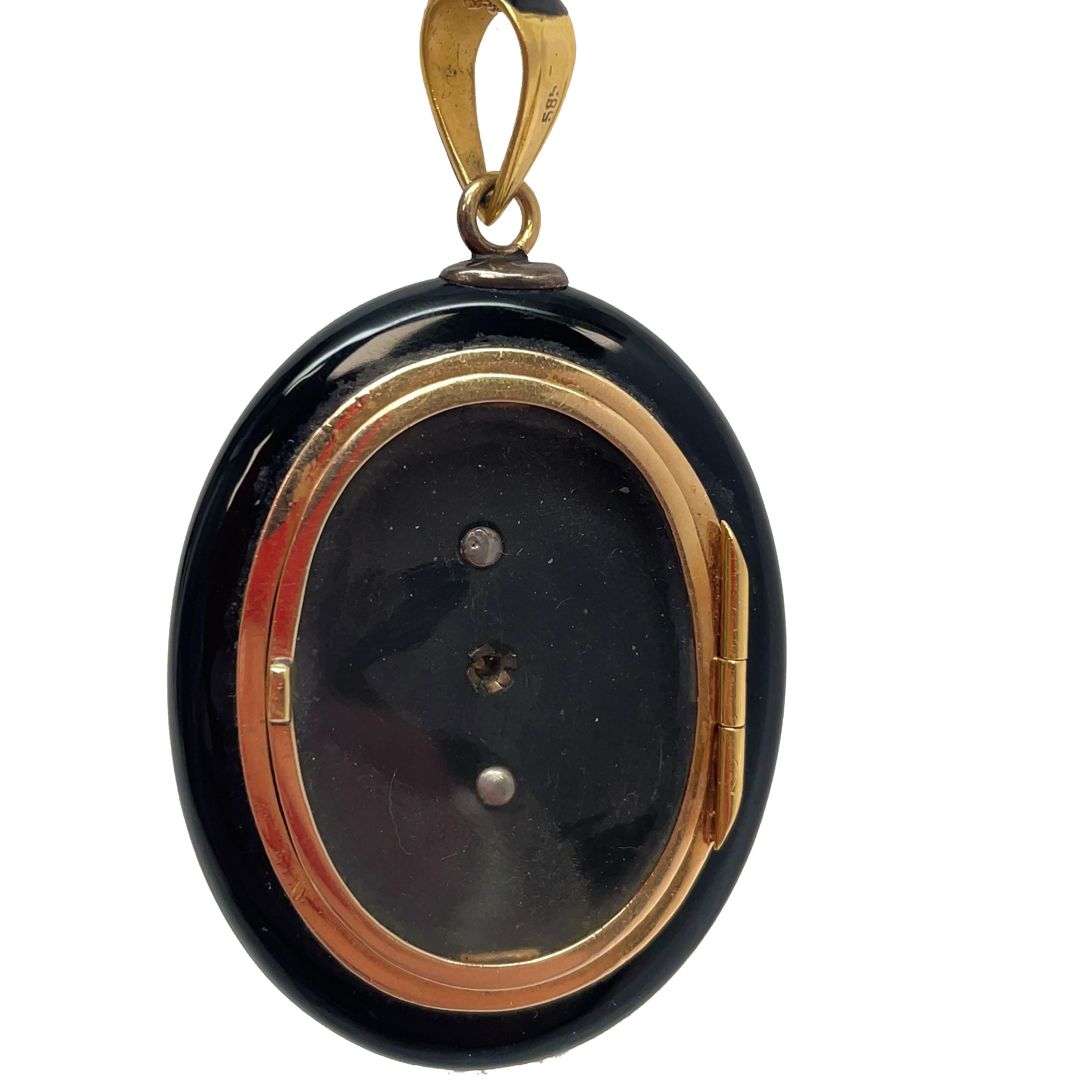 Rose Cut 1890 Victorian Diamond and Pearl Black Onyx Locket For Sale