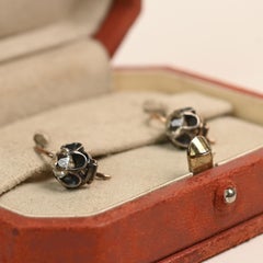 Vintage Old Mine Cut Diamond Floral Ear Spike Earrings Silver 18k Yellow Gold