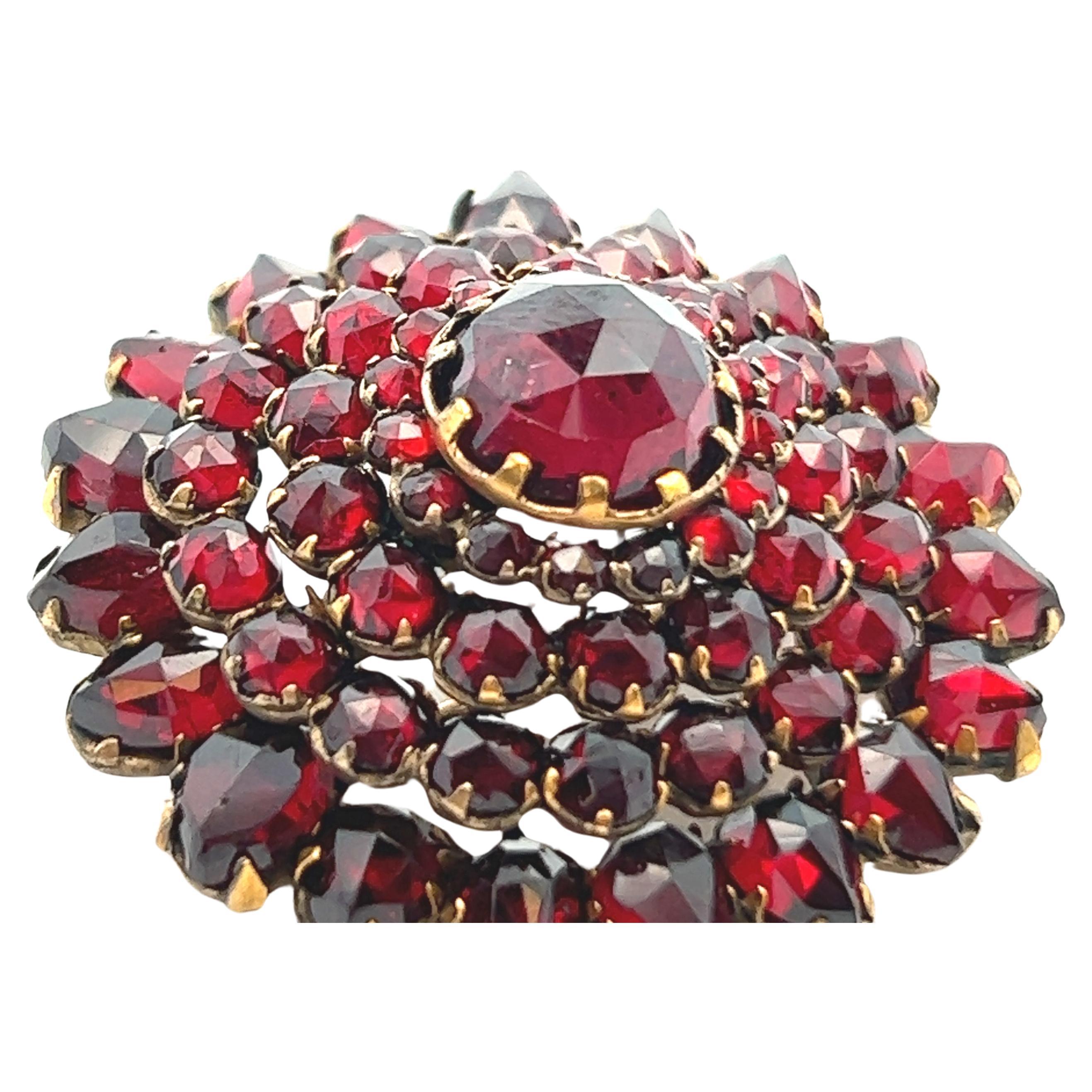 1890 Victorian Gold Gilt Over Silver Garnet Tiered Circle Pin  For Sale