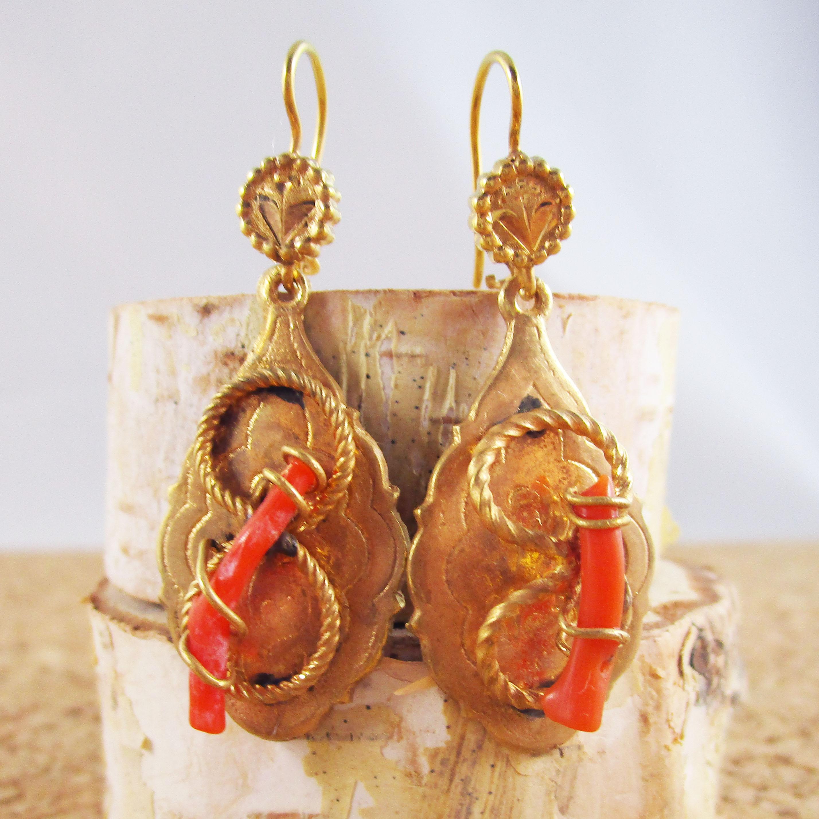 Uncut 1890 Victorian Knot Coral Branch Dangle Earrings For Sale
