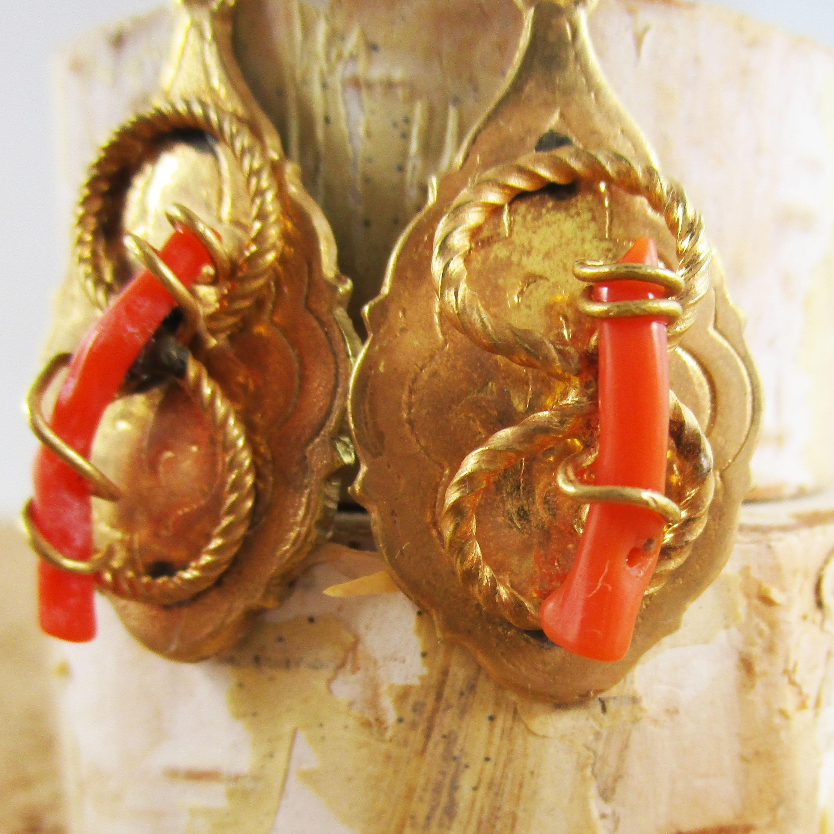 Boucles d'oreilles pendantes en corail et branches de l'époque victorienne 1890 Pour femmes en vente