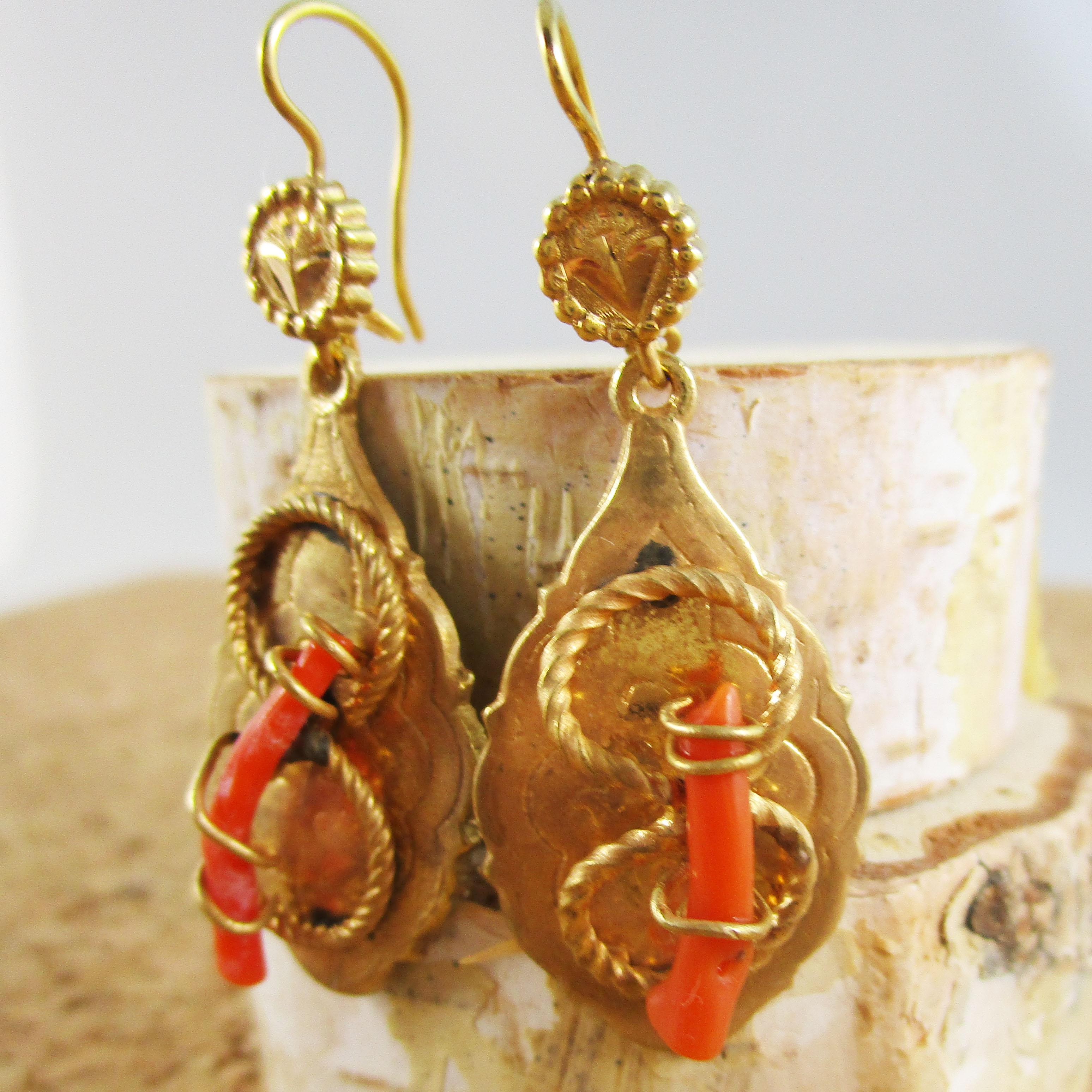 1890 Victorian Knot Coral Branch Dangle Earrings For Sale 2