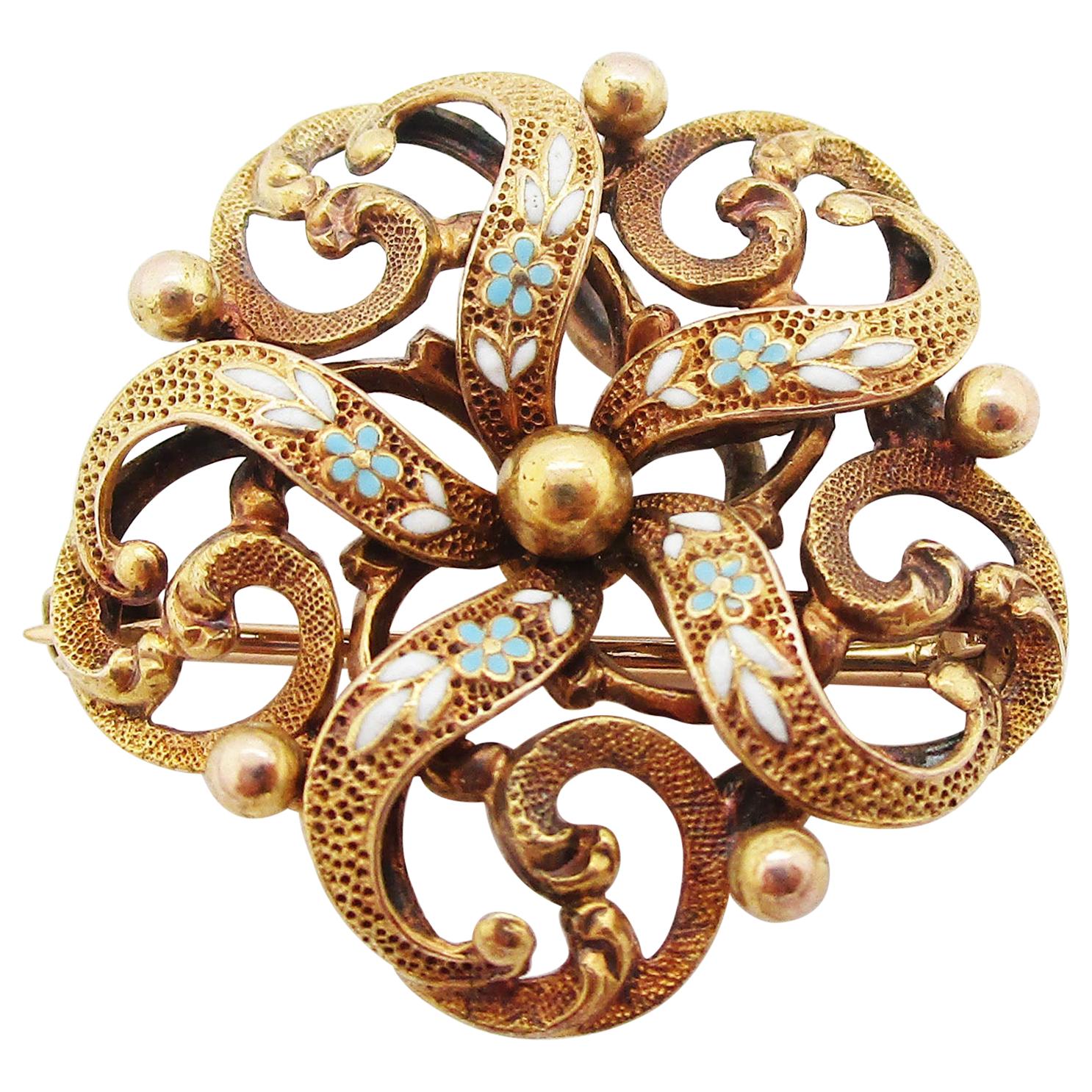 1890 Victorian Krementz Enamel 14 Karat Gold Watch Holder Pin