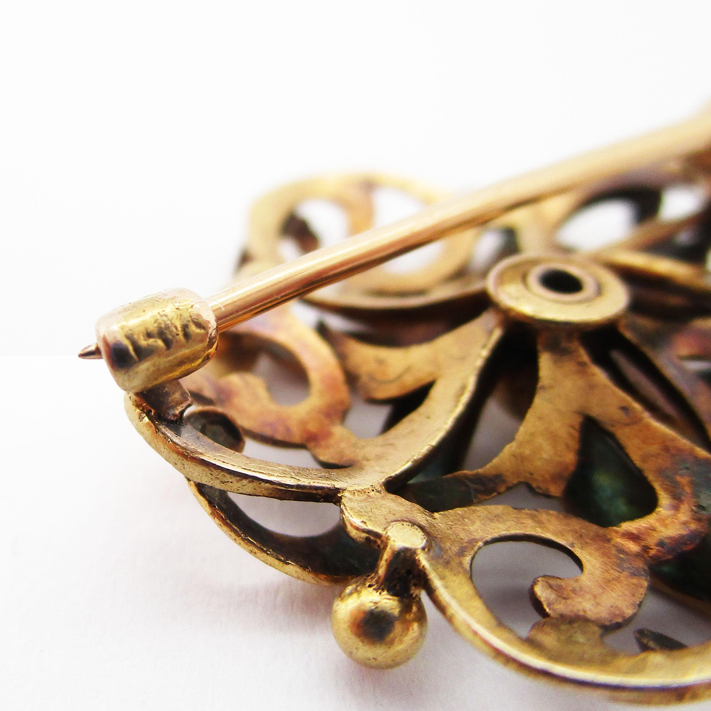 1890 Victorian Krementz Enamel 14 Karat Gold Watch Holder Pin In Excellent Condition In Lexington, KY